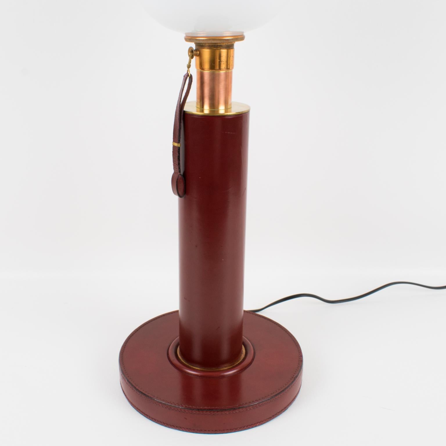 Paul Dupre Lafon 1950s French Art Deco Hand-Stitched Red Leather Table Lamp 1