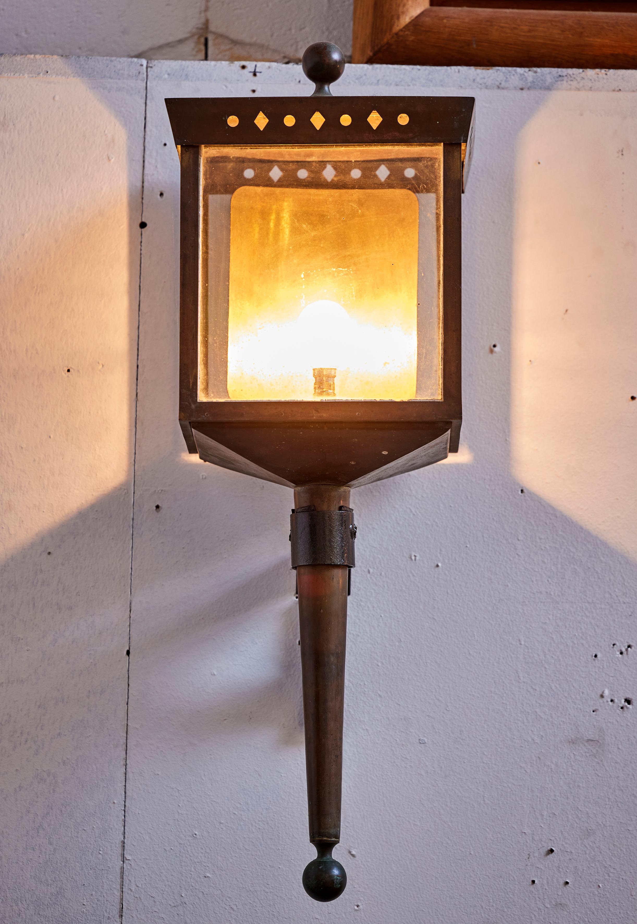 Art Deco Paul Dupré-Lafon Att. to, Large pair of brass and glass torchiere lanterns For Sale