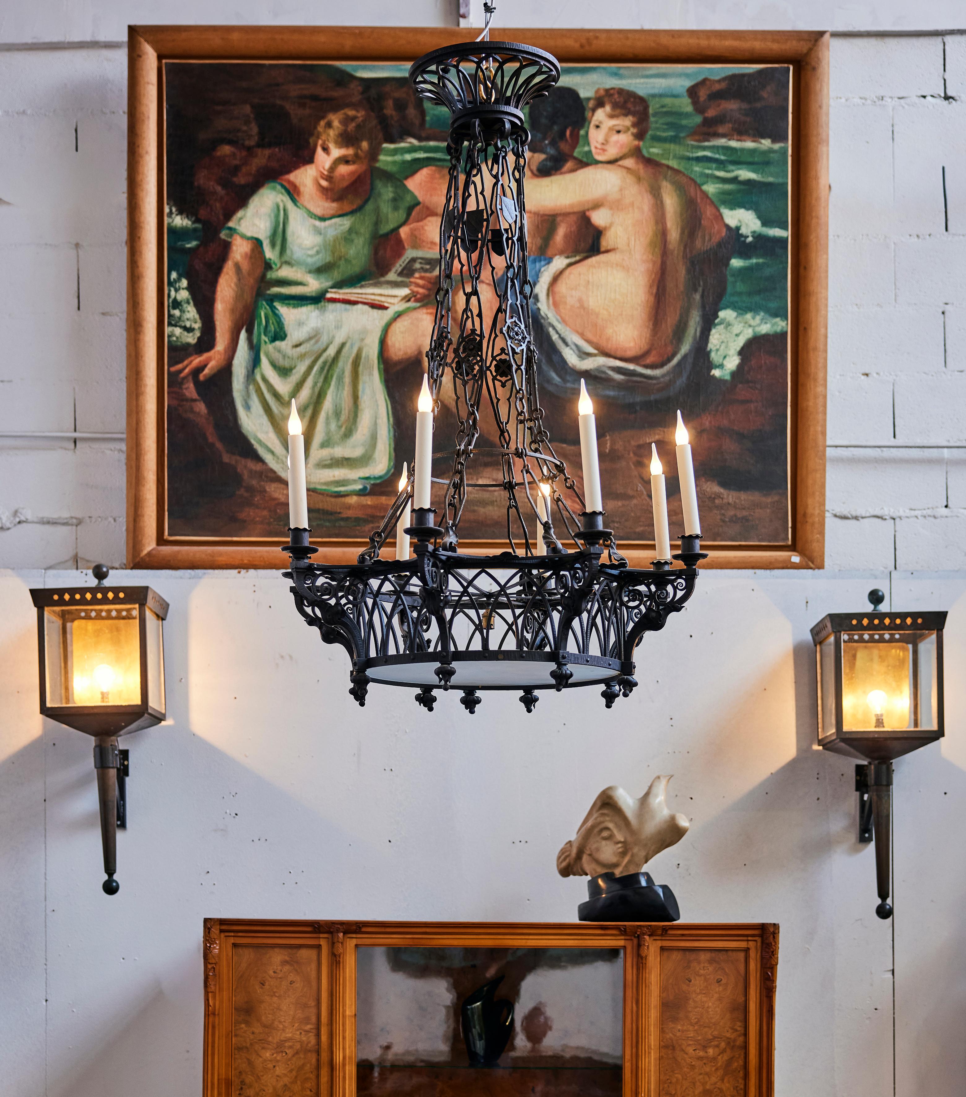 French Paul Dupré-Lafon Att. to, Large pair of brass and glass torchiere lanterns For Sale