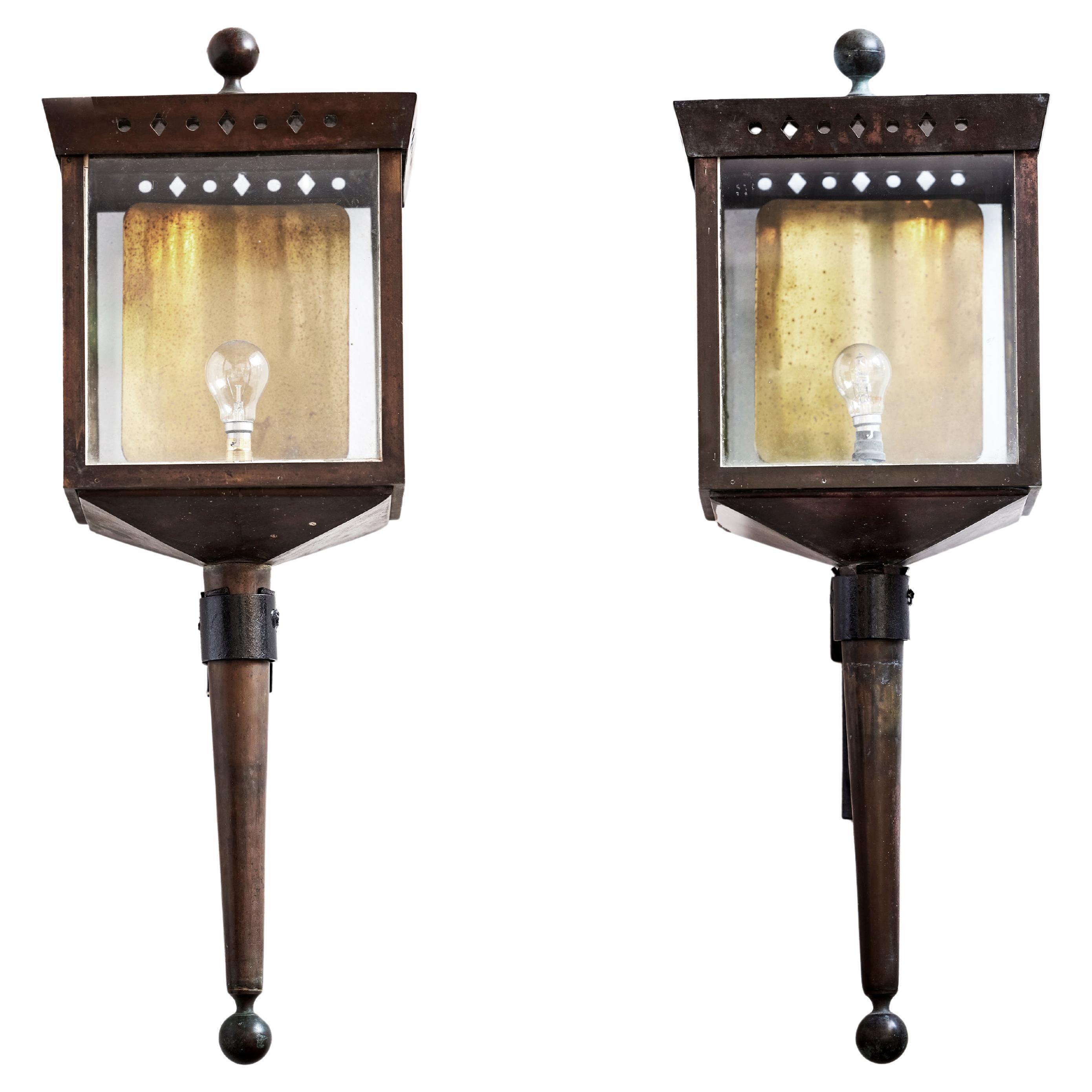 Paul Dupré-Lafon Att. to, Large pair of brass and glass torchiere lanterns For Sale