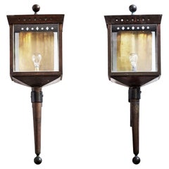Paul Dupré-Lafon Att. to, Large pair of brass and glass torchiere lanterns