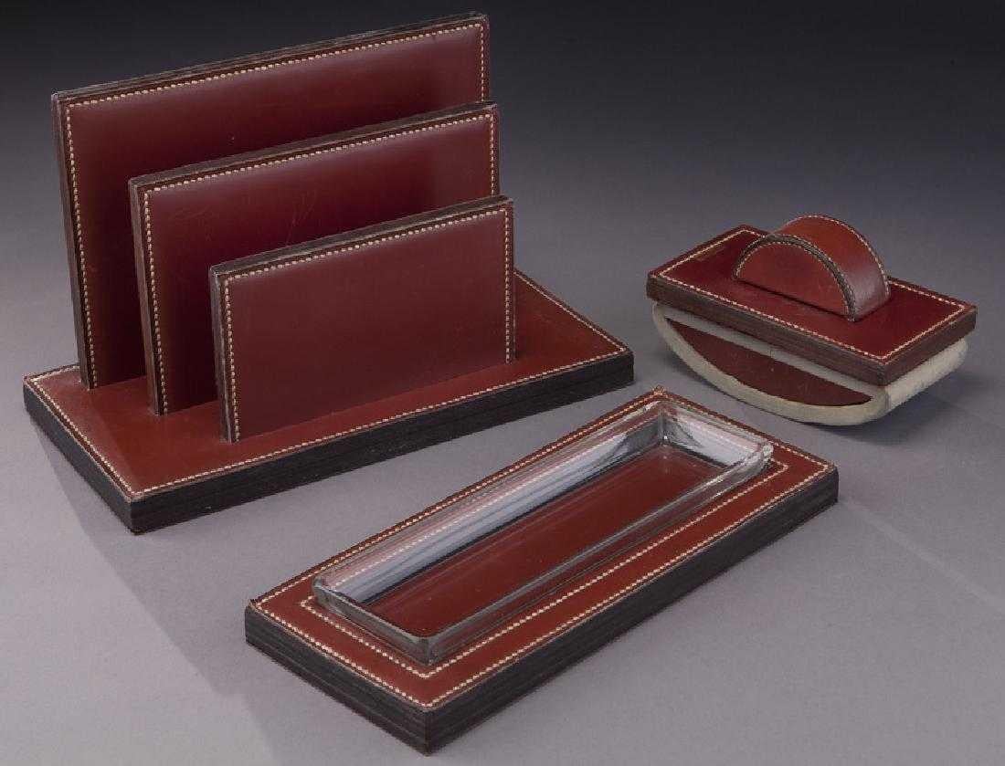 French Paul Dupre-Lafon for Hermes Paris Leather Desk Set and Table Lamp, circa 1940