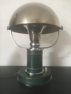 Paul Dupré-Lafon Green Stitched Leather and Chrome Table Lamp, Hermès, 1930s