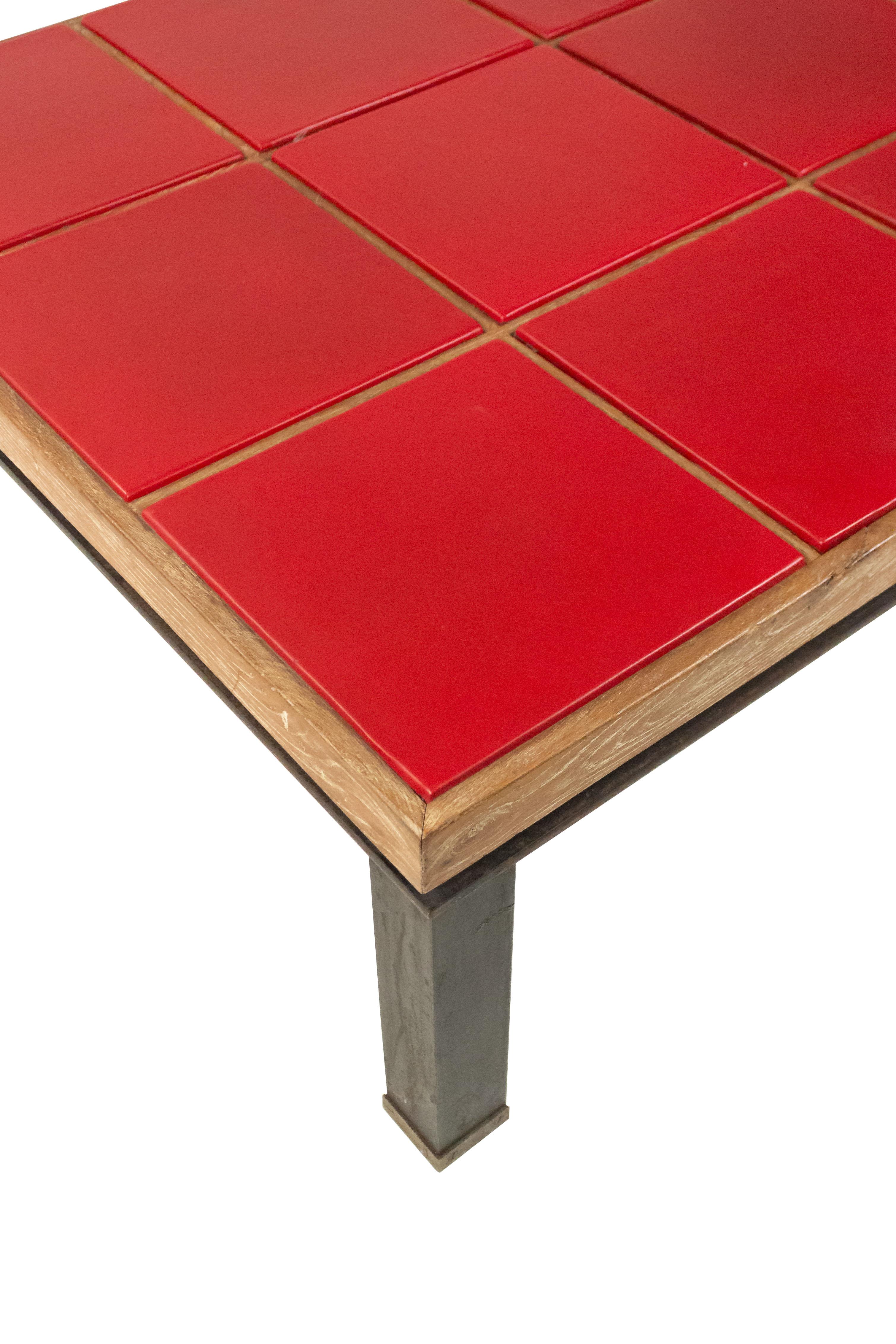Paul Dupré-Lafon Style Midcentury Red Leather and Oak Coffee Table 2