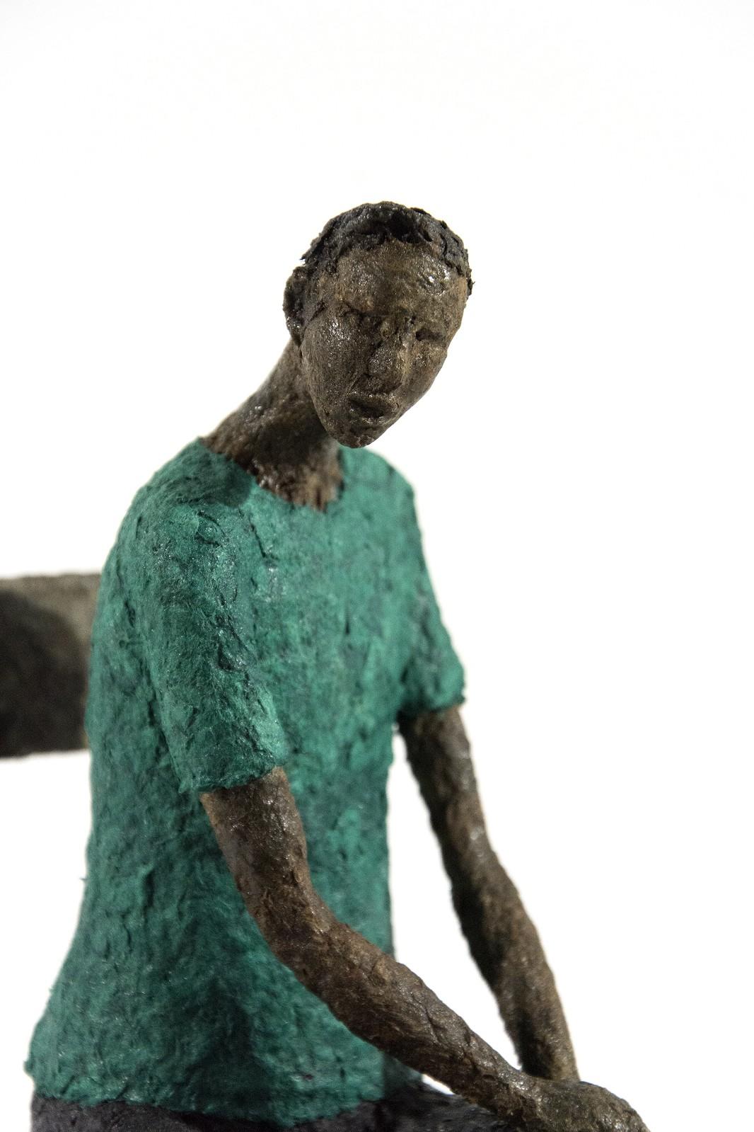 Waiting Man Blue and Green - expressive, figurative, male, paper mache sculpture - Sculpture by Paul Duval