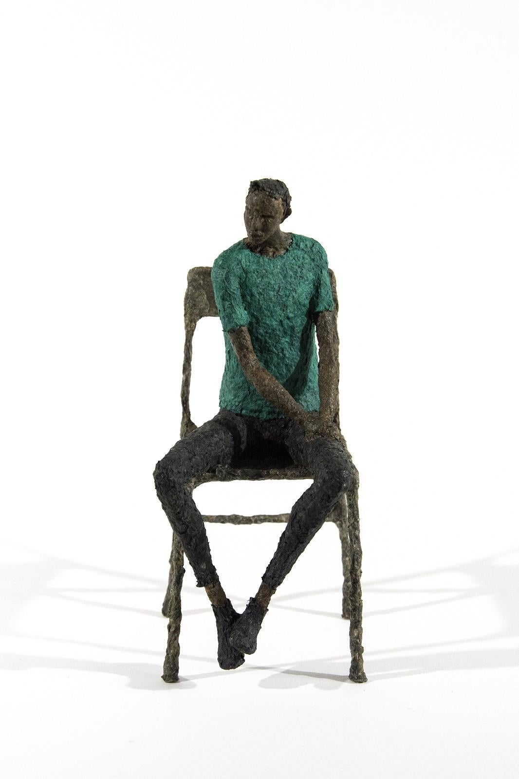 Paul Duval Figurative Sculpture - Waiting Man Blue and Green - expressive, figurative, male, paper mache sculpture