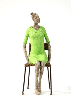 Pomme - bright, expressive, textured, figurative, female, paper mache sculpture