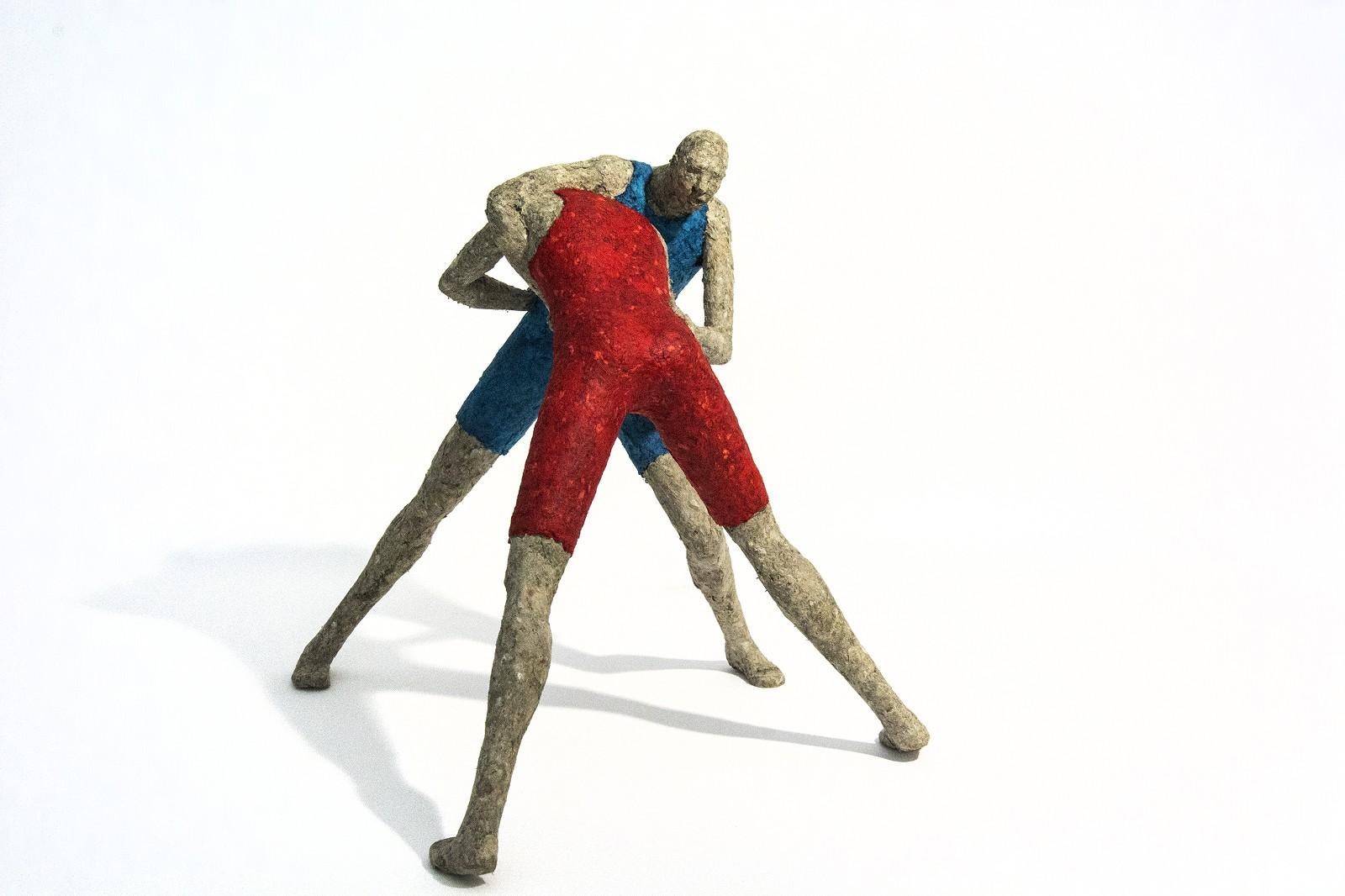 Blue and Red Wrestlers - expressive, textured, figurative, paper Mache sculpture - Sculpture by Paul Duval