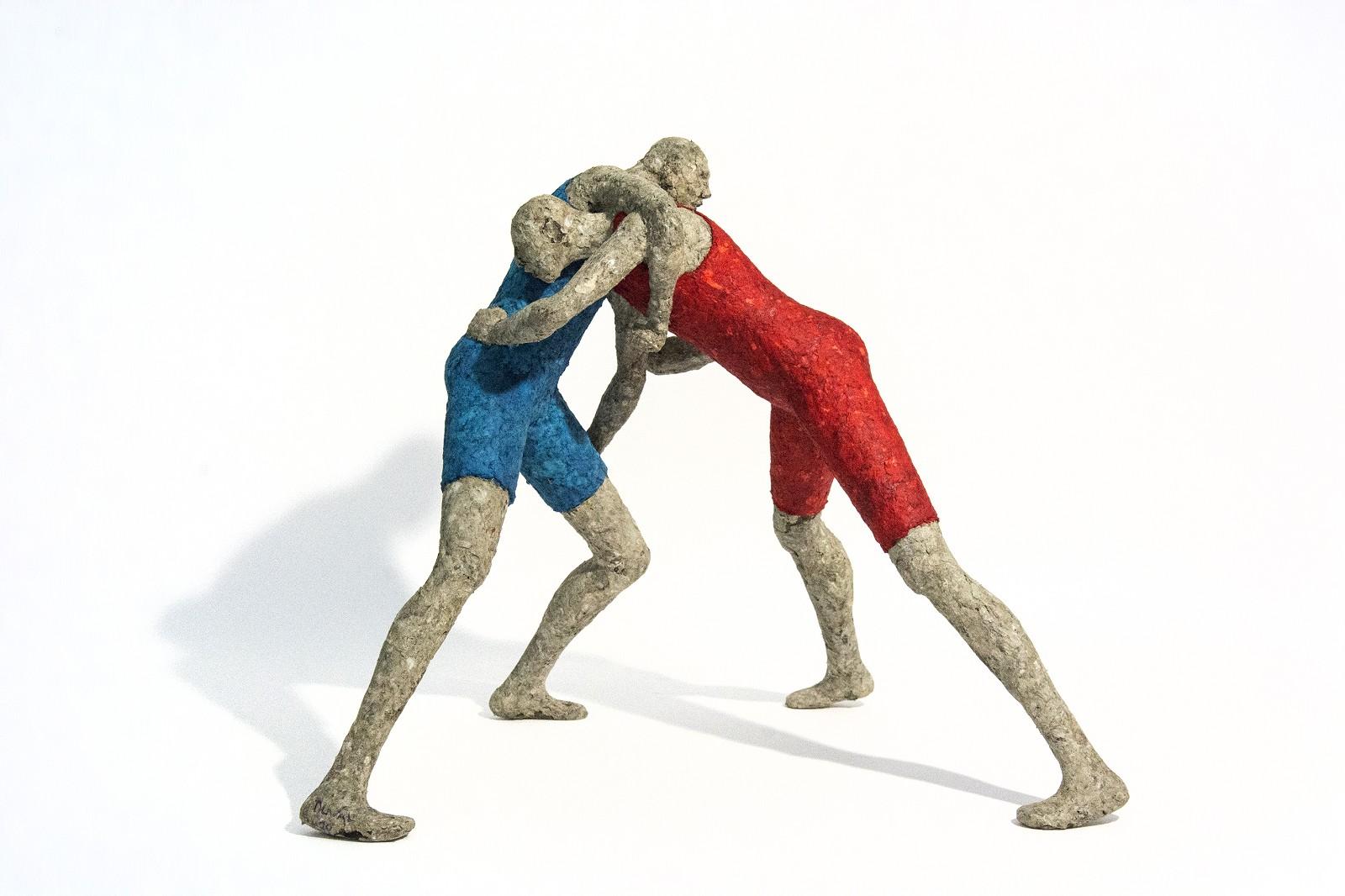 Paul Duval Figurative Sculpture - Blue and Red Wrestlers - expressive, textured, figurative, paper Mache sculpture