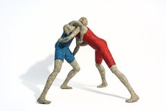 Blue and Red Wrestlers - expressive, textured, figurative, paper Mache sculpture