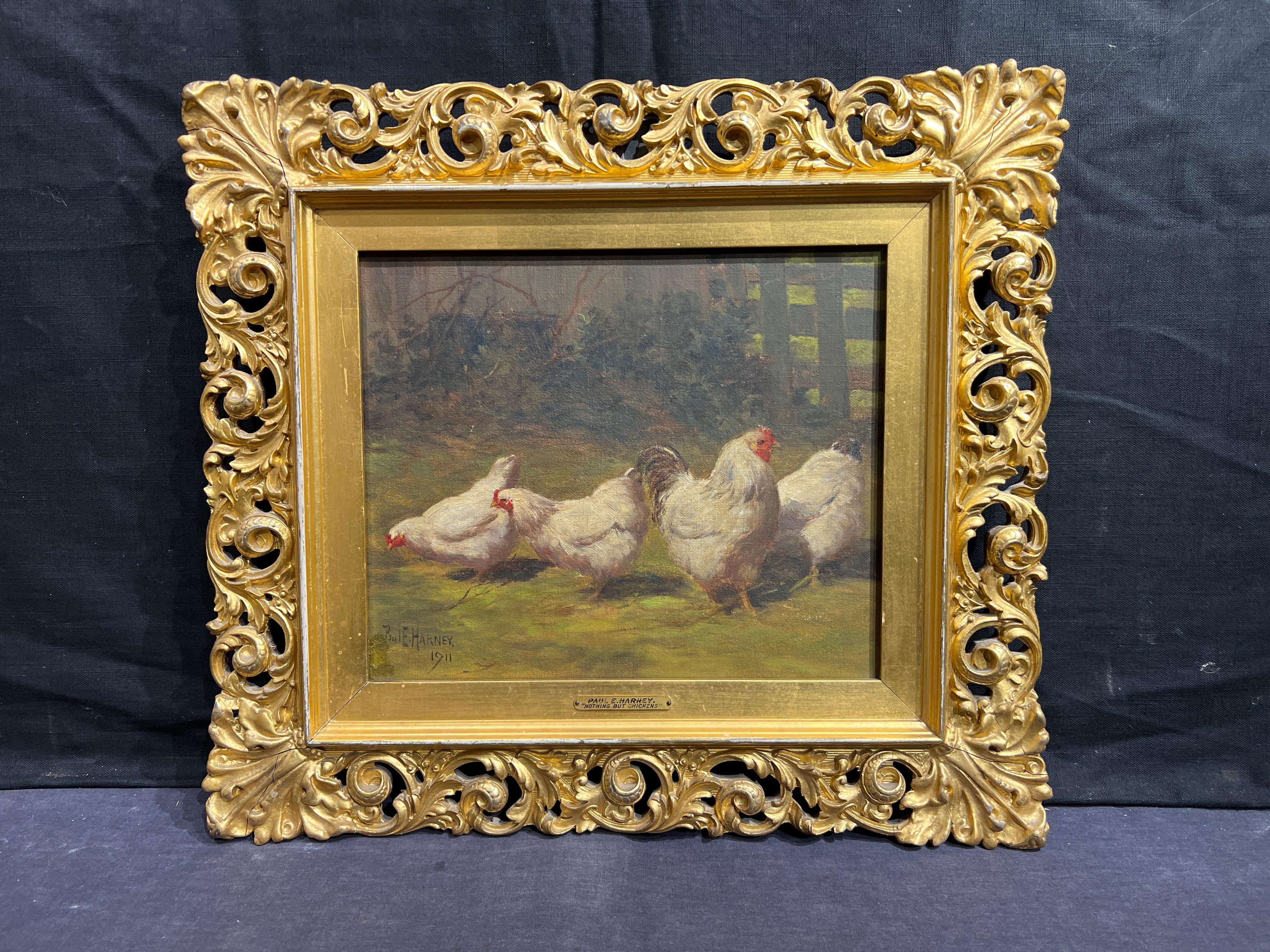 Four White Chickens - Painting by Paul E. Harney Jr.