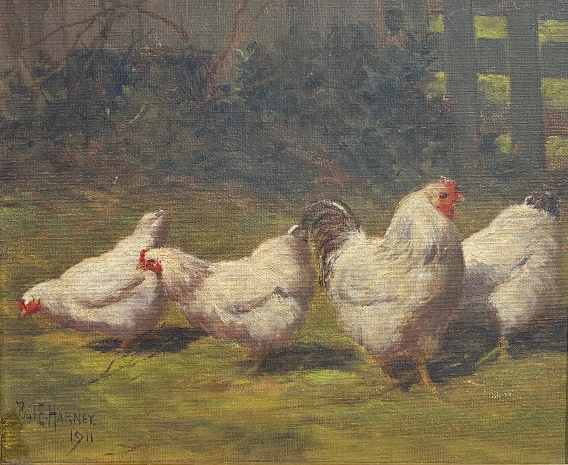 Paul E. Harney Jr. Animal Painting - Four White Chickens