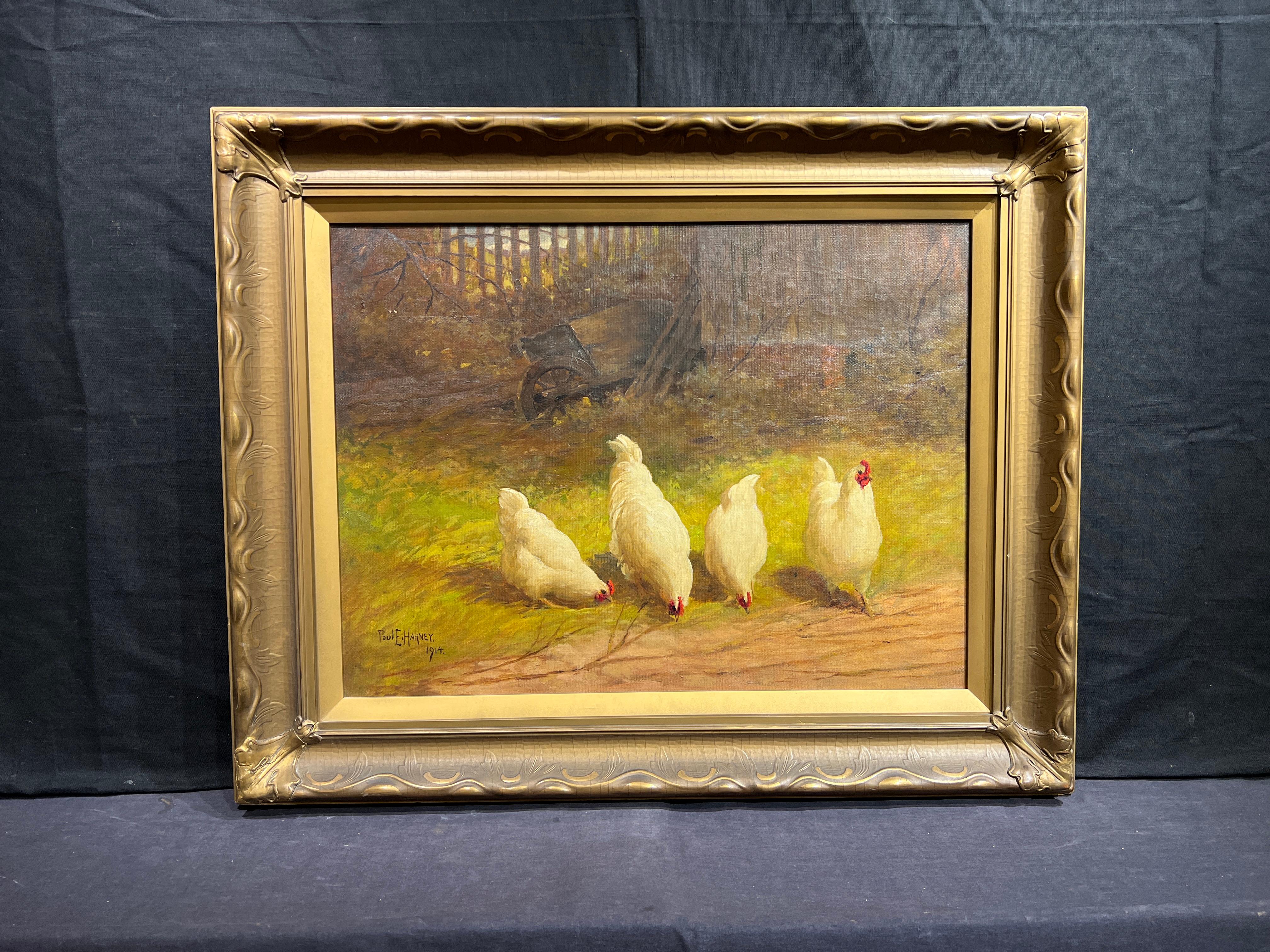 Four White Hens - Painting by Paul E. Harney Jr.