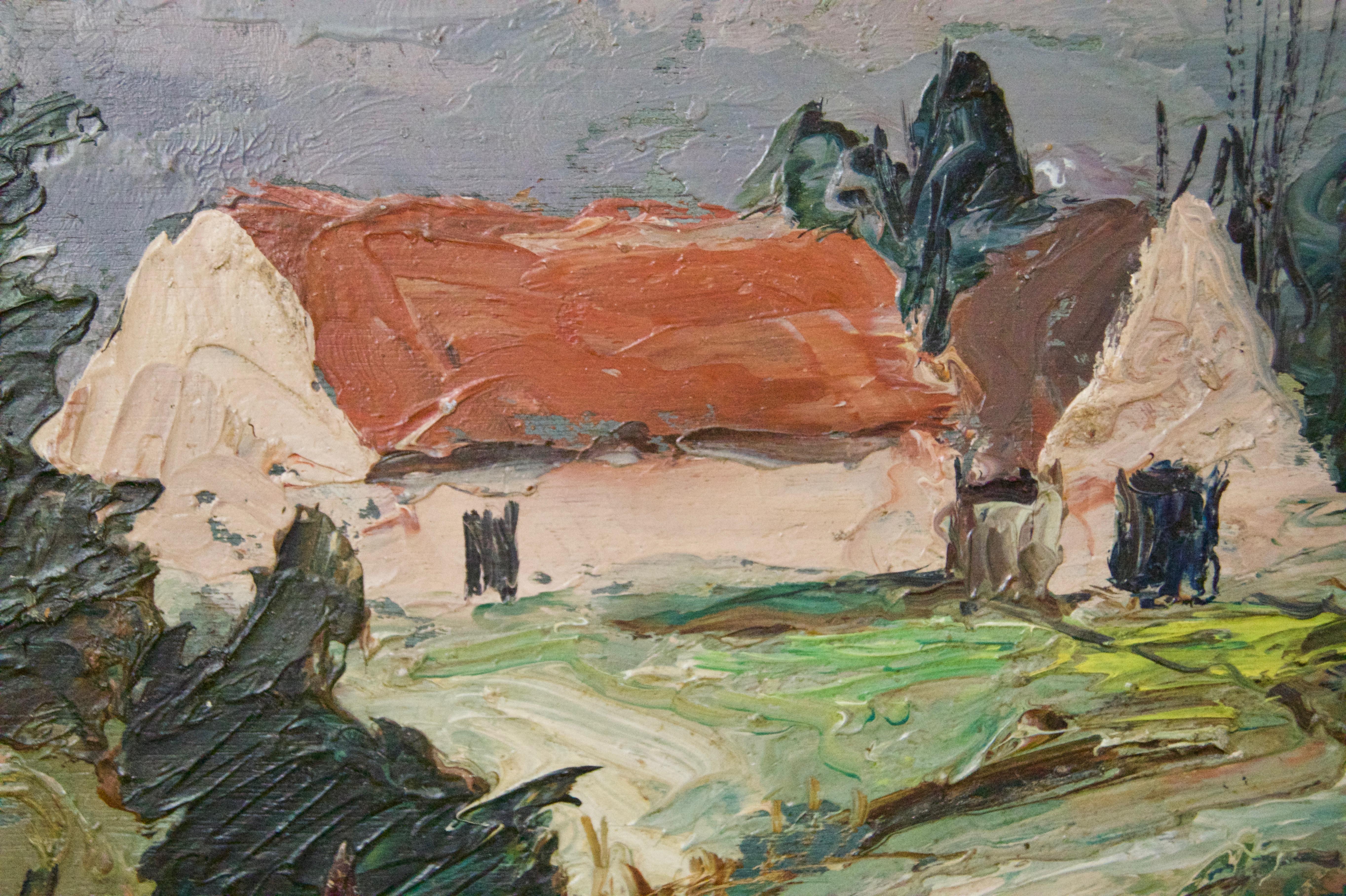 English Farmhouse - Early 20th Century Impressionist Oil Piece by Paul Earee For Sale 3