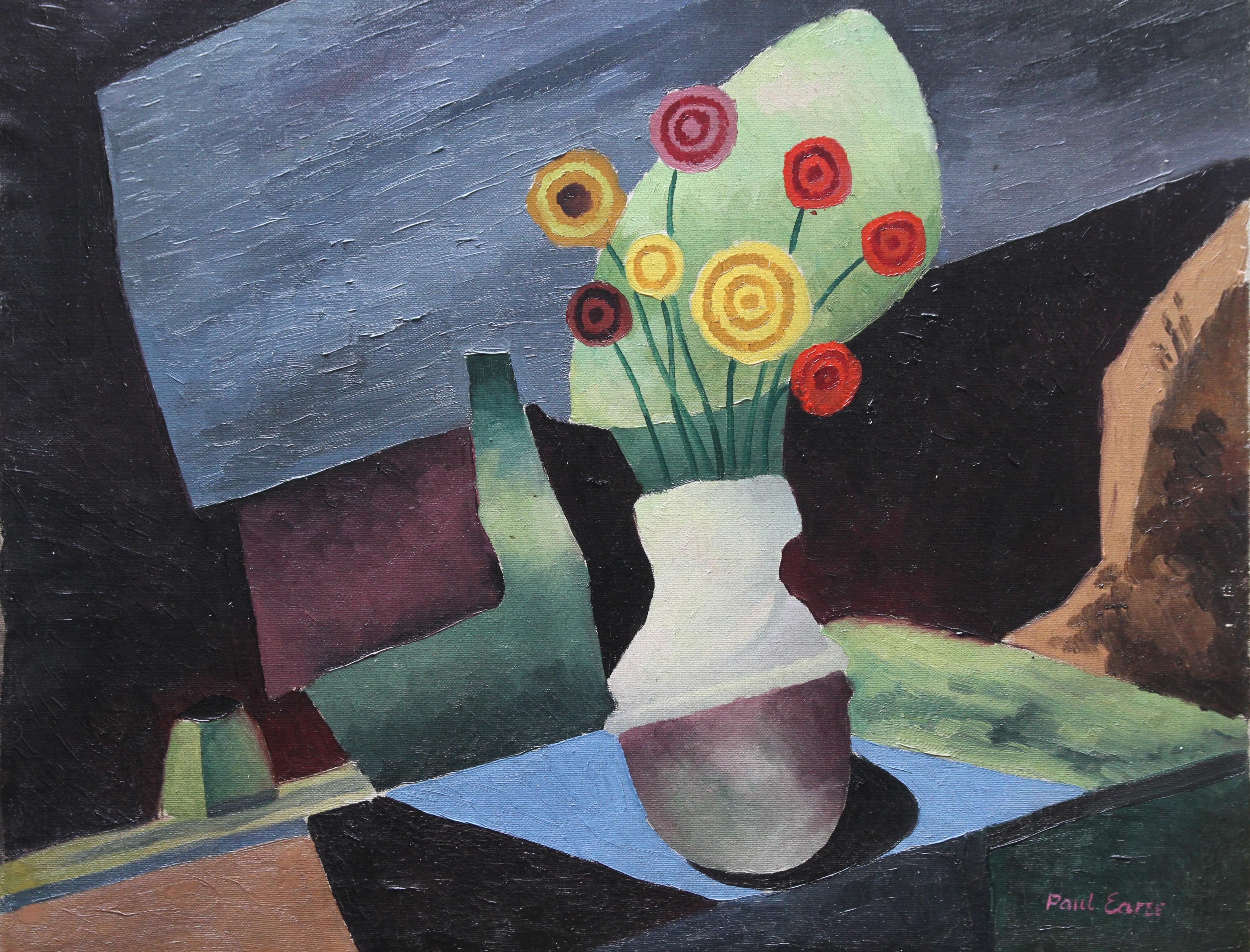 Floral Still Life - British art 1930 Post Cubist oil painting red yellow flowers - Painting by Paul Earee