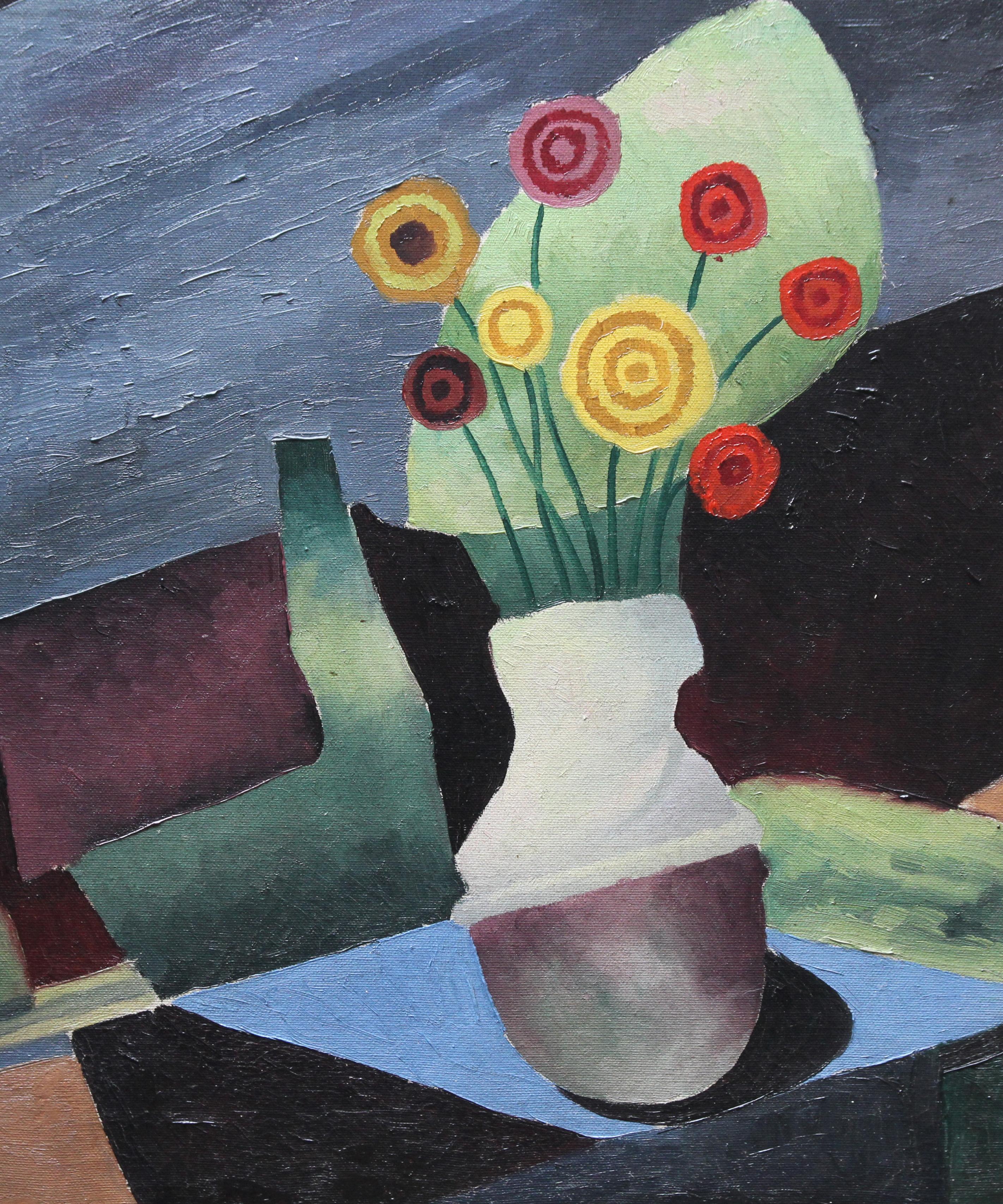 Blumenstillleben - Britische Kunst 1930 Postkubistische Ölmalerei rot gelb Blumen (Kubismus), Painting, von Paul Earee