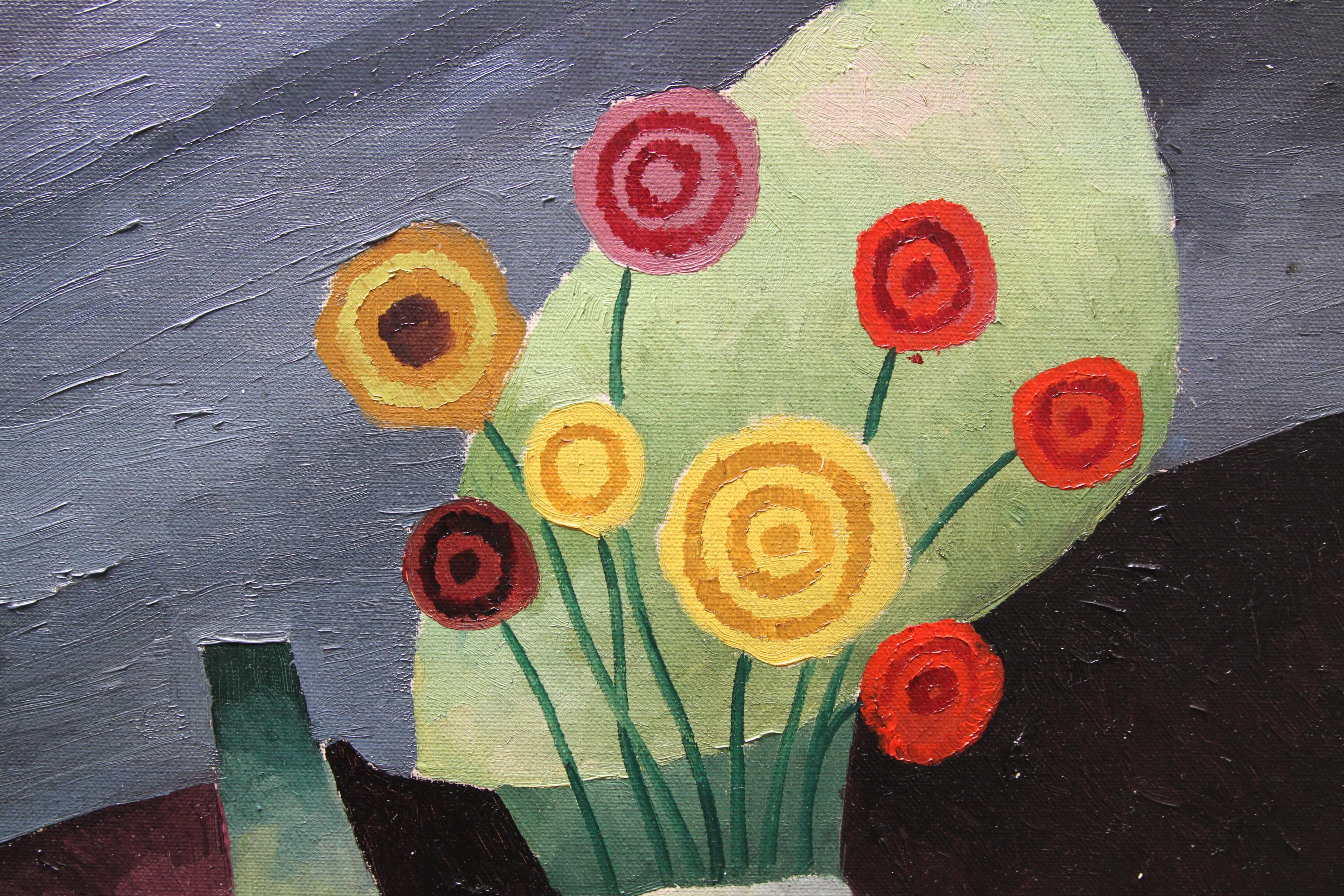 Blumenstillleben - Britische Kunst 1930 Postkubistische Ölmalerei rot gelb Blumen im Angebot 3