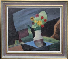 Floral Still Life - British art 1930 Post Cubist oil painting red yellow flowers
