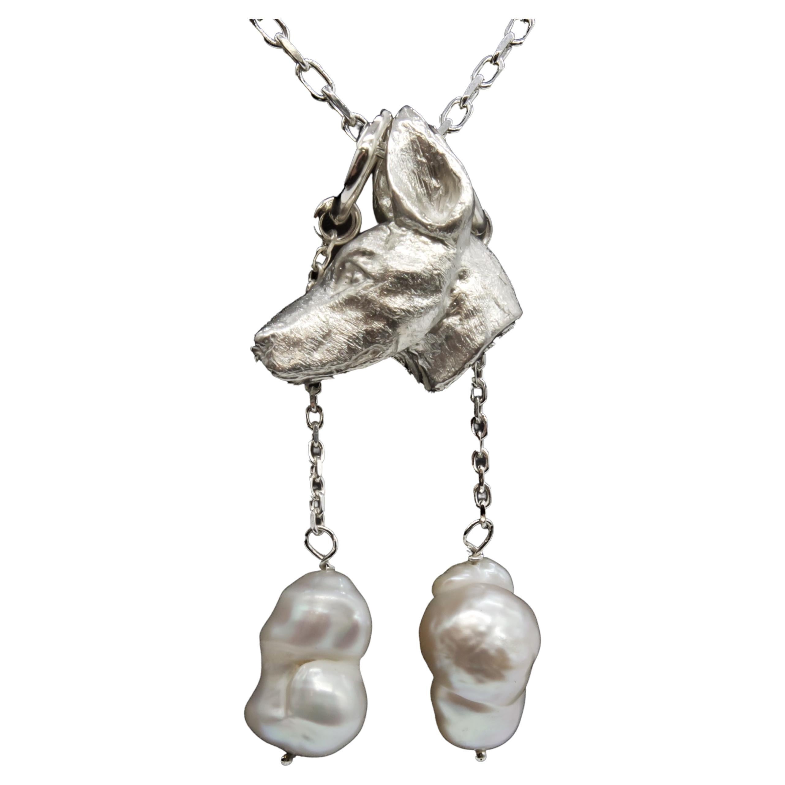 Paul Eaton Sculpted Doberman Dog Head Pendant with One or Two Pearl Drops For Sale