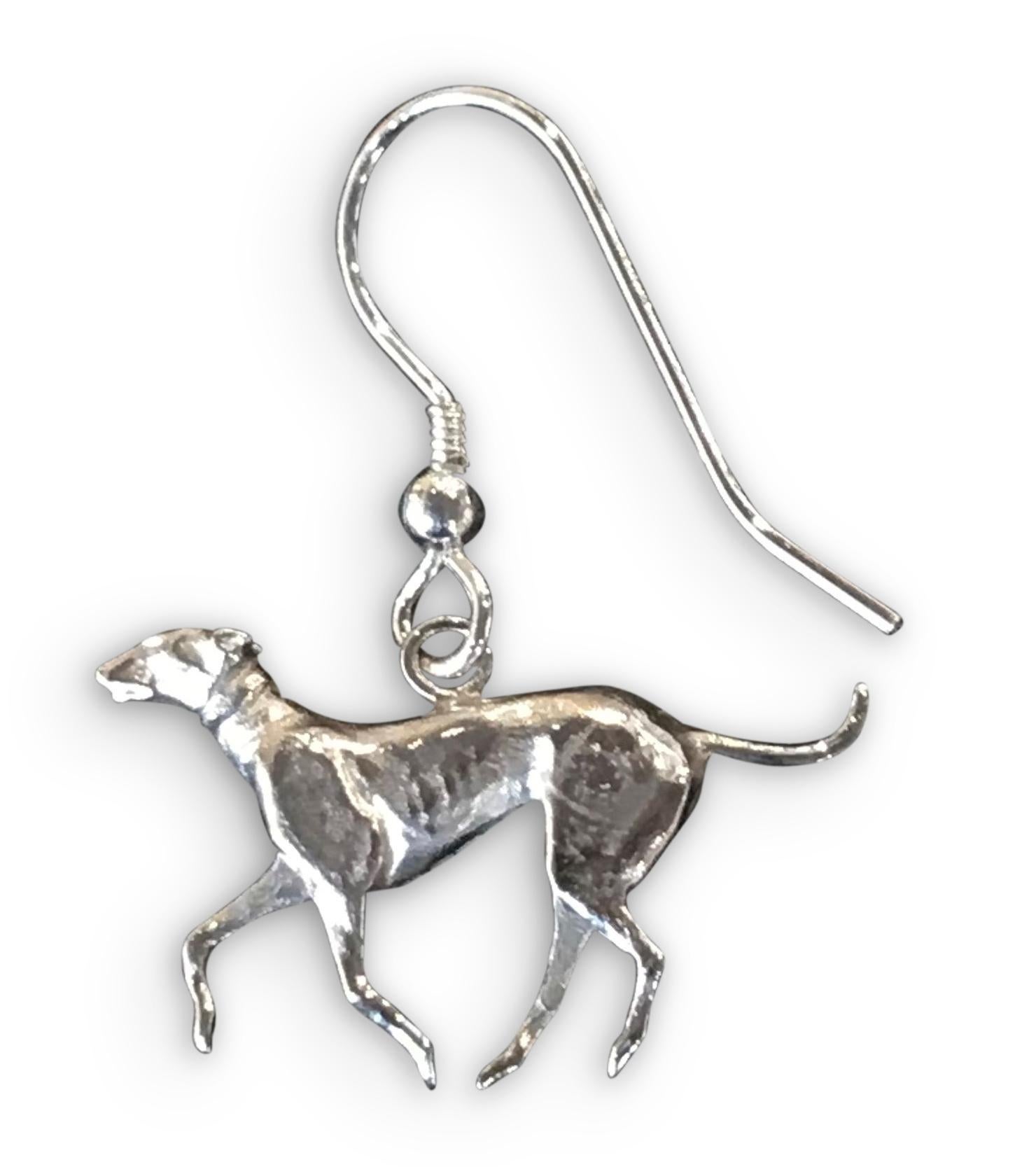 Artisan Paul Eaton Sculpted Flat Sterling Silver Greyhound Earrings For Sale