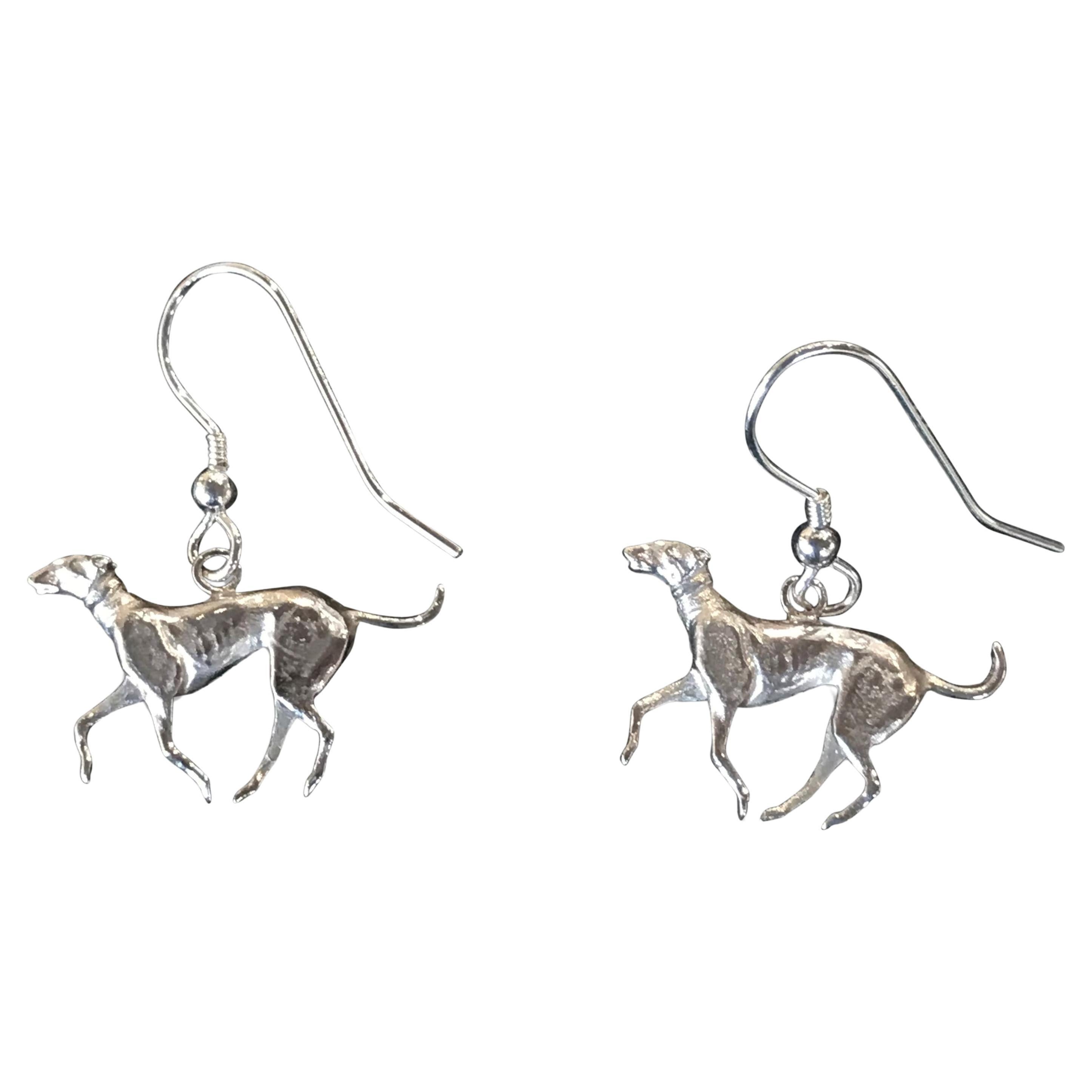 Paul Eaton Sculpted Flat Sterling Silver Greyhound Earrings For Sale