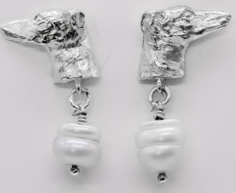 Paul Eaton Sculpted Greyhound Dog Heads with Pearl Drop Silver Stud
