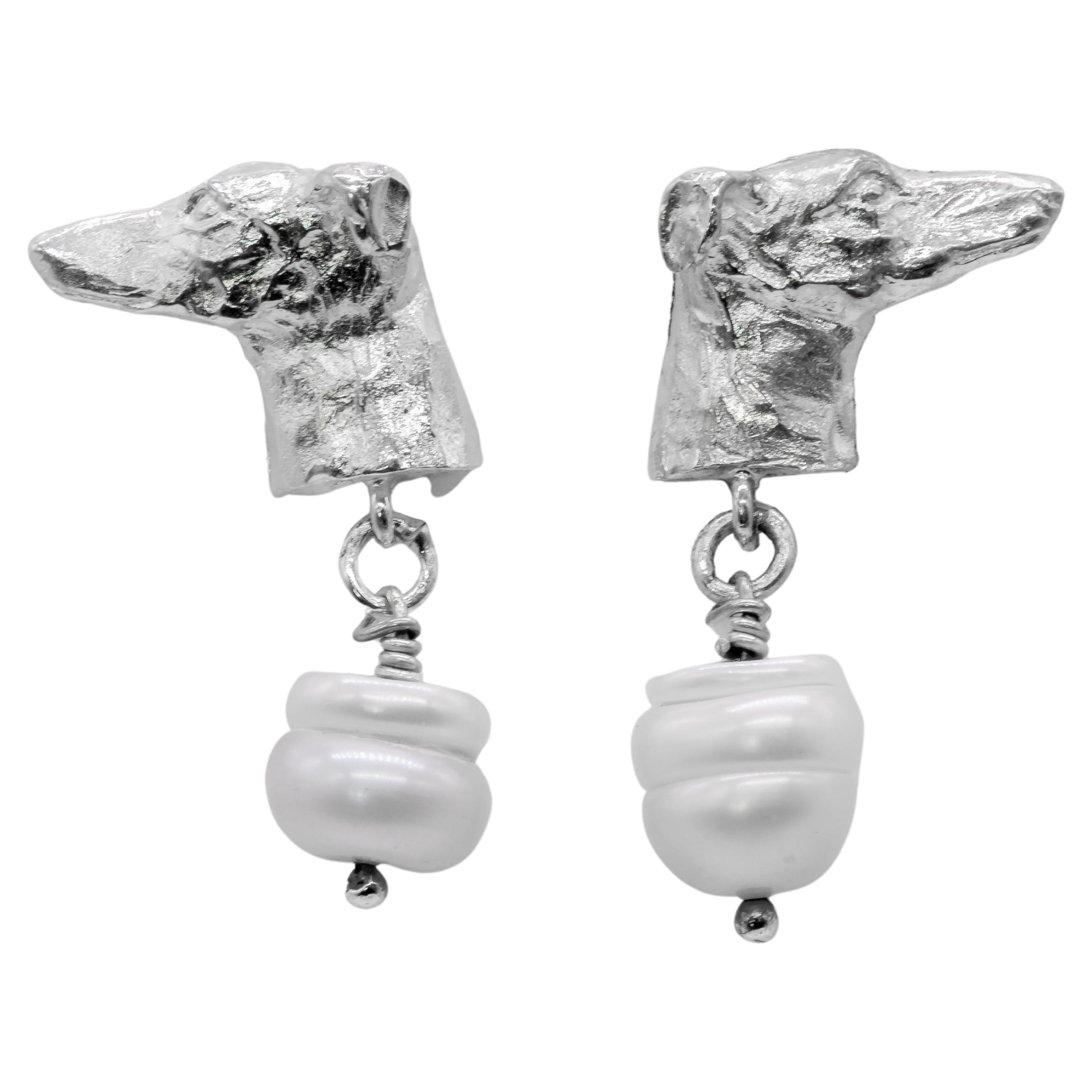 Paul Eaton Sculpted Greyhound Dog Heads with Pearl Drop Silver Stud Earrings For Sale