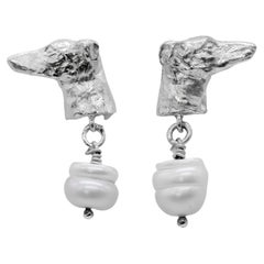 Paul Eaton Sculpted Greyhound Dog Heads with Pearl Drop Silver Stud Earrings