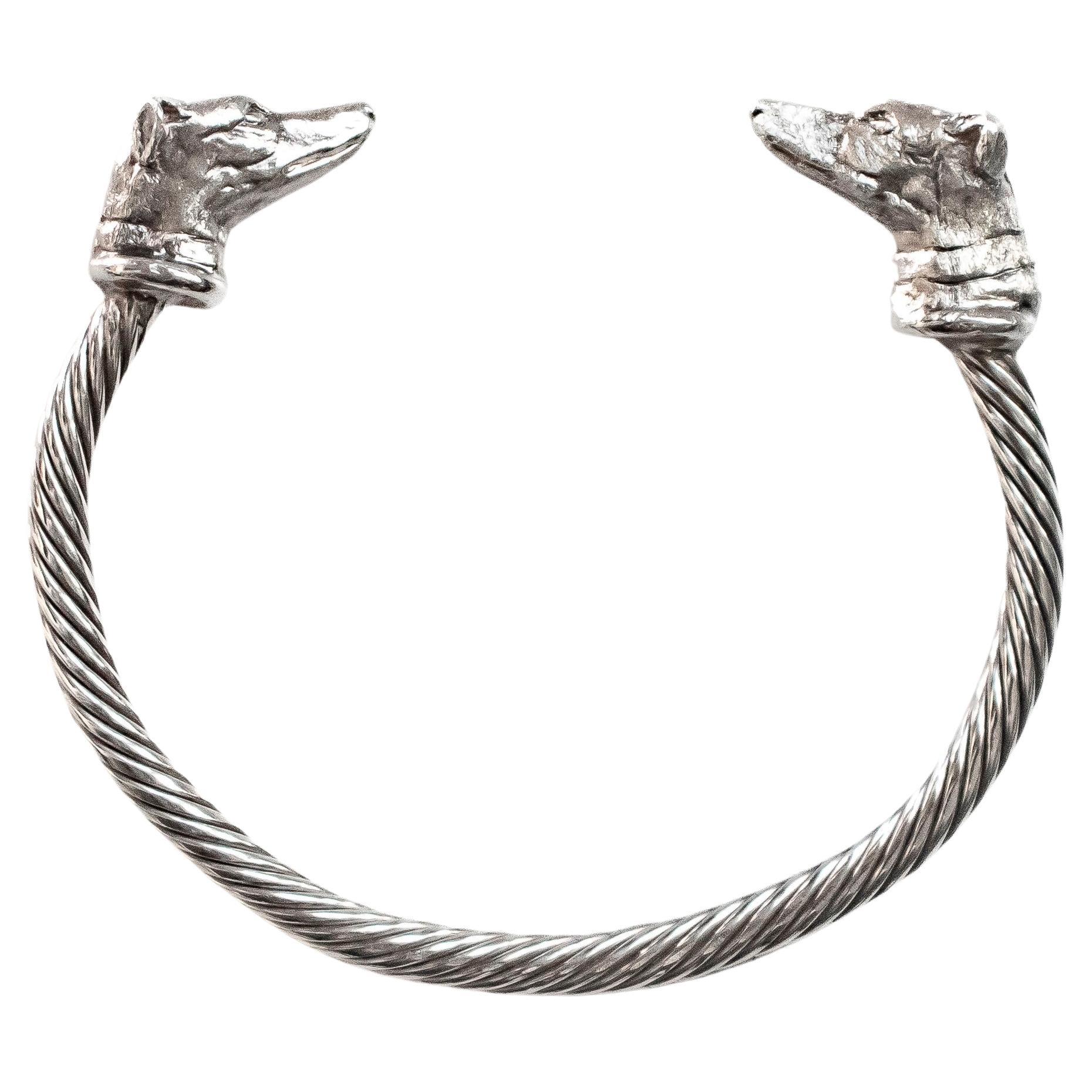 Paul Eaton Sculpted Greyhound Heads on Sterling Silver Twisted Bangle Bracelet For Sale