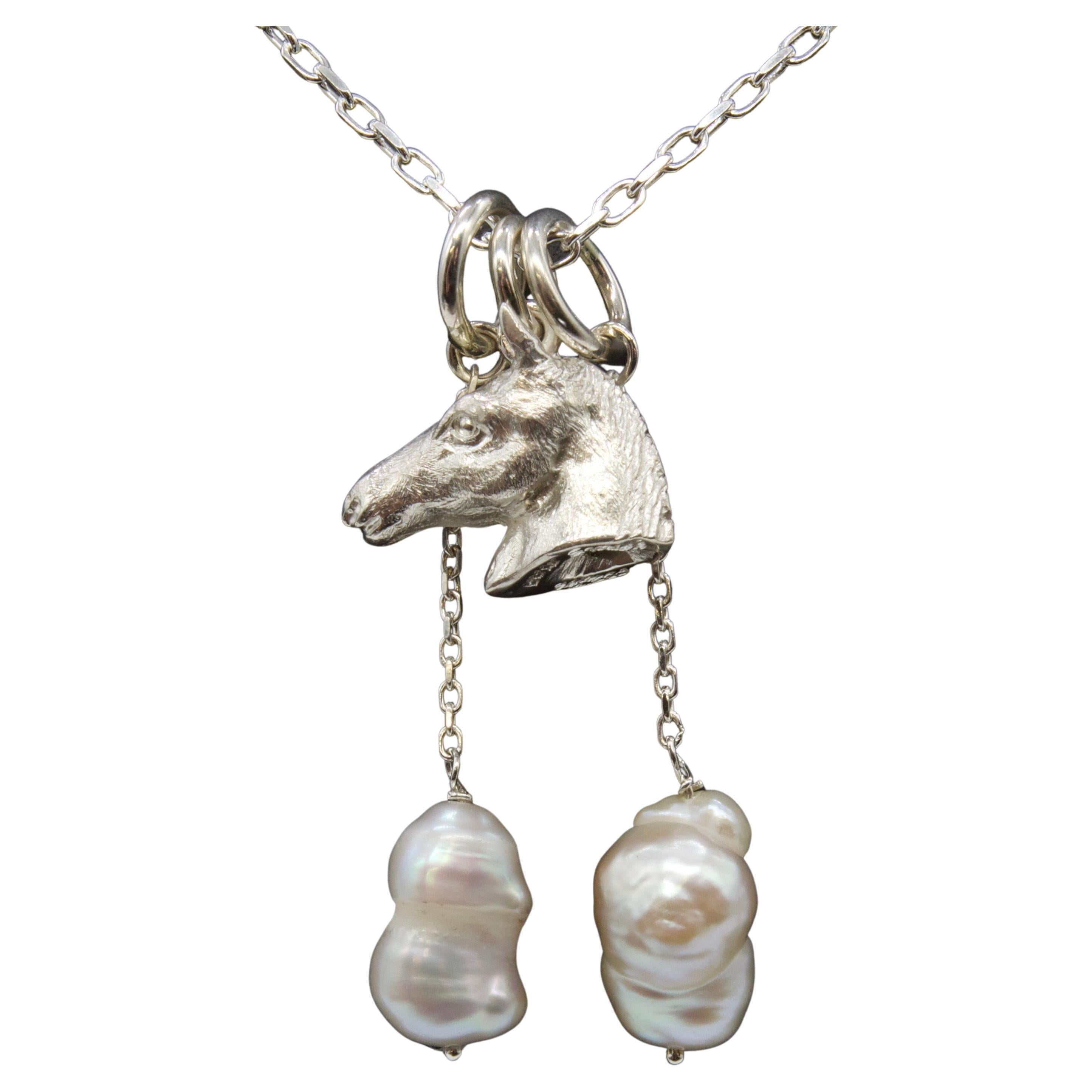 Paul Eaton Sculpted Horse Head Pendant with One or Two Pearl Drops For Sale