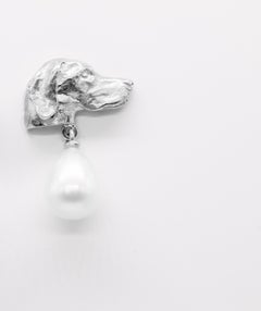 Paul Eaton Sculpted large Pointer Dog Heads with Pearl Drop Silver Stud Earrings