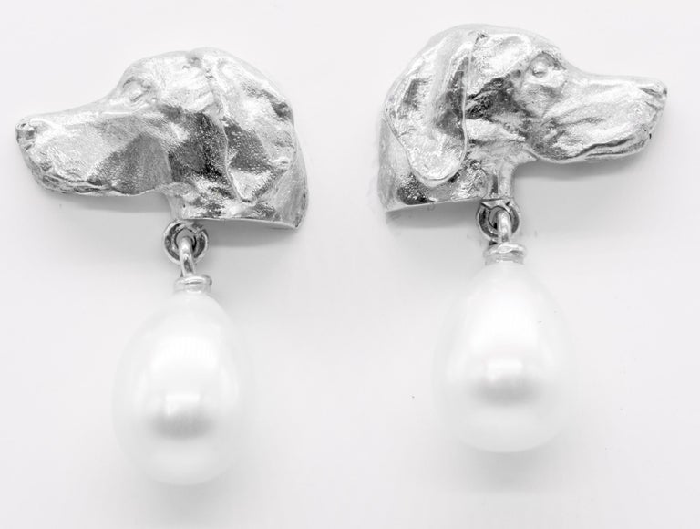 Paul Eaton Sculpted large Pointer Dog Heads with Pearl Drop Silver Stud