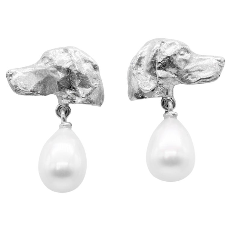 Paul Eaton Sculpted large Pointer Dog Heads with Pearl Drop Silver Stud