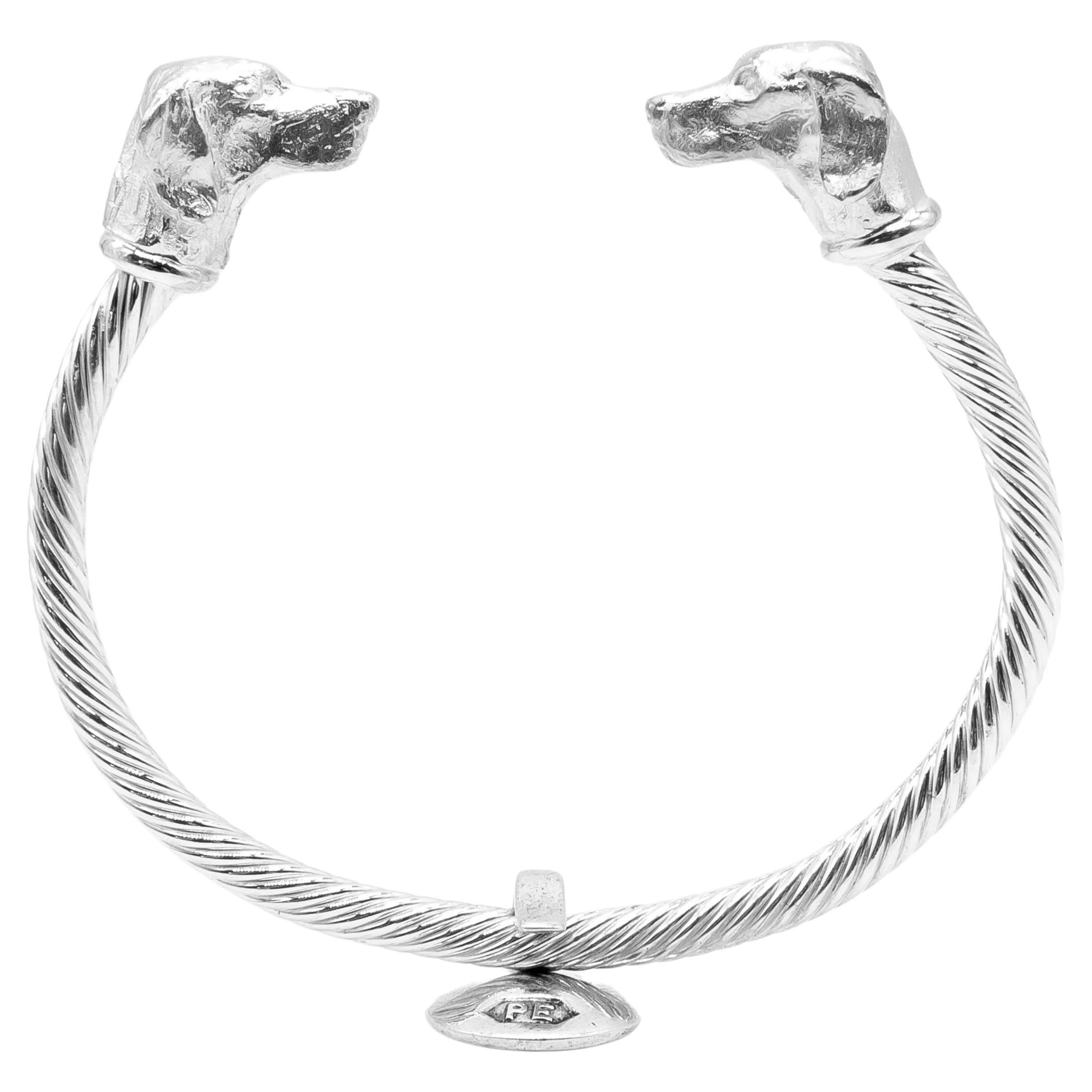 Paul Eaton Sculpted Pointer Dog Heads on Twisted Bangle in Sterling Silver For Sale