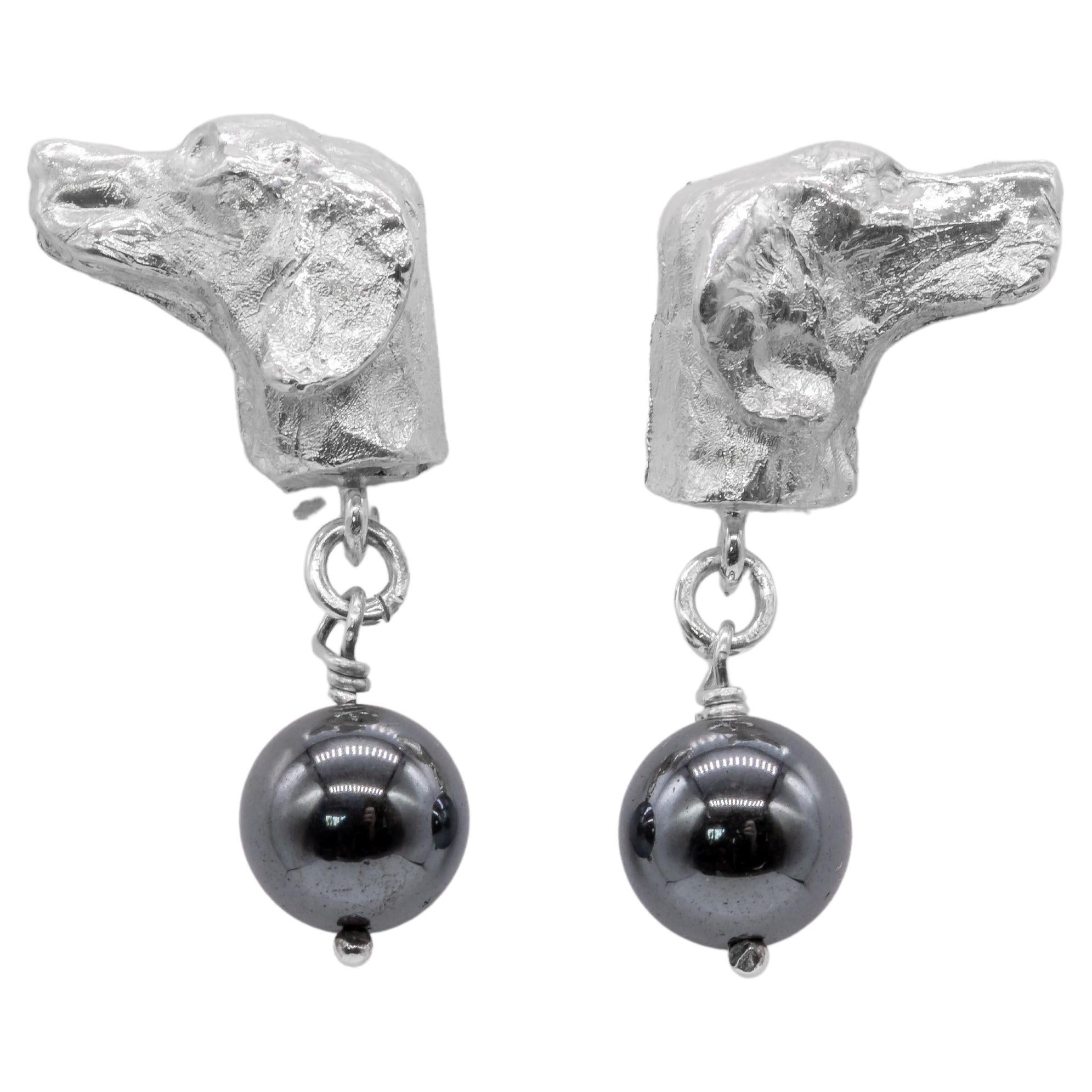 Paul Eaton Sculpted Pointer Dog Heads with Hematite Drop Silver Stud Earrings For Sale
