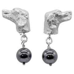 Paul Eaton Sculpted Pointer Dog Heads with Hematite Drop Silver Stud Earrings