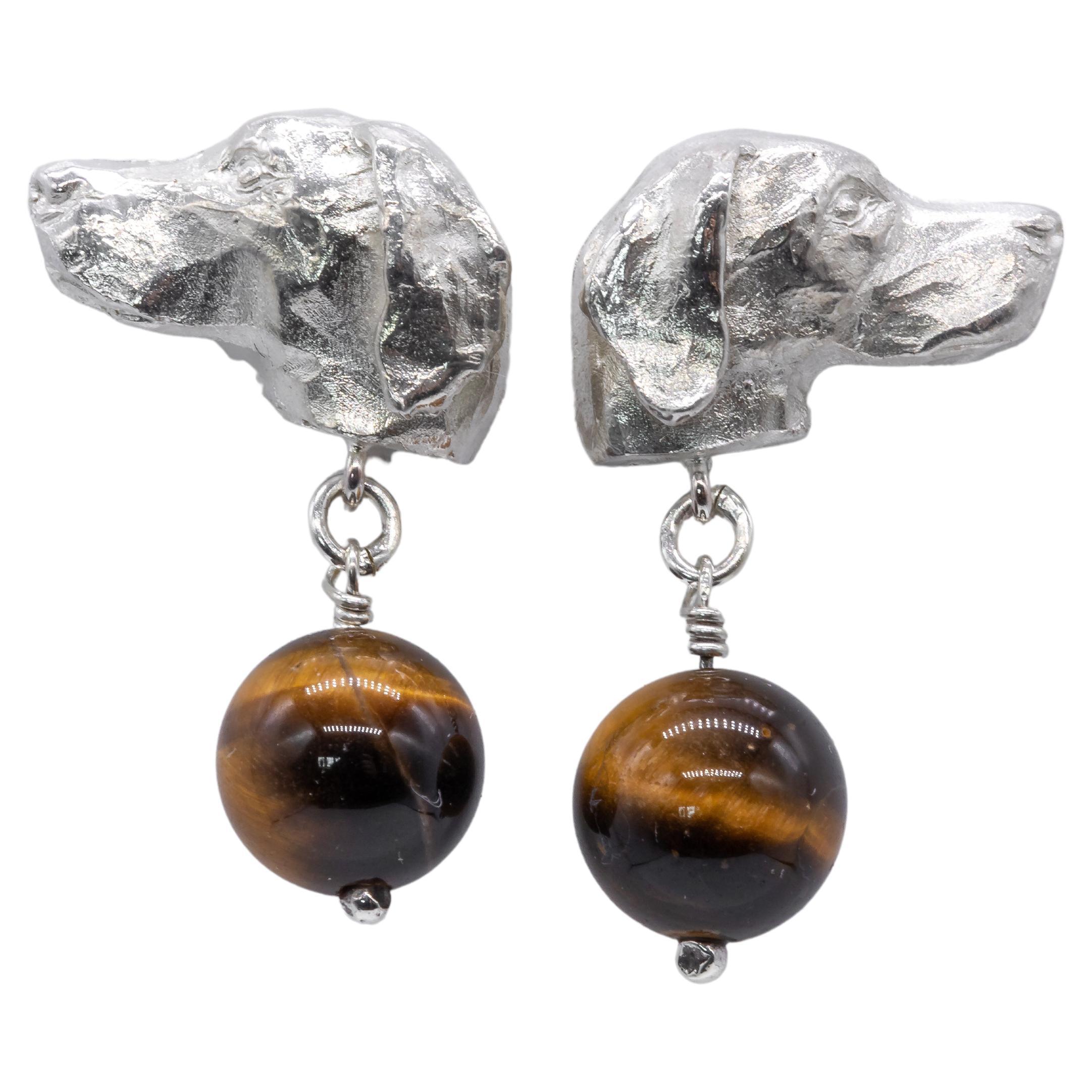 Paul Eaton Sculpted Pointer Dog Heads with Tigers Eye drop silver Stud Earrings For Sale