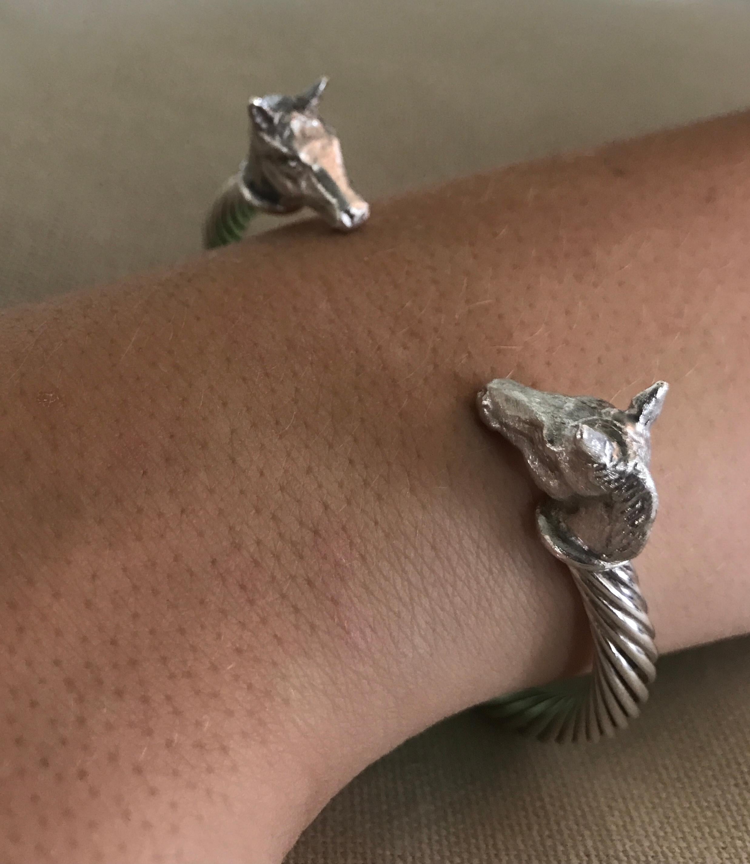 Artist Paul Eaton Sculpted Pony Heads on Sterling Silver Twisted Bangle Bracelet For Sale