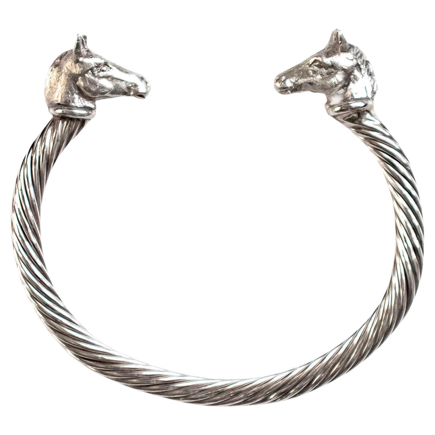 Paul Eaton Sculpted Pony Heads on Sterling Silver Twisted Bangle Bracelet For Sale