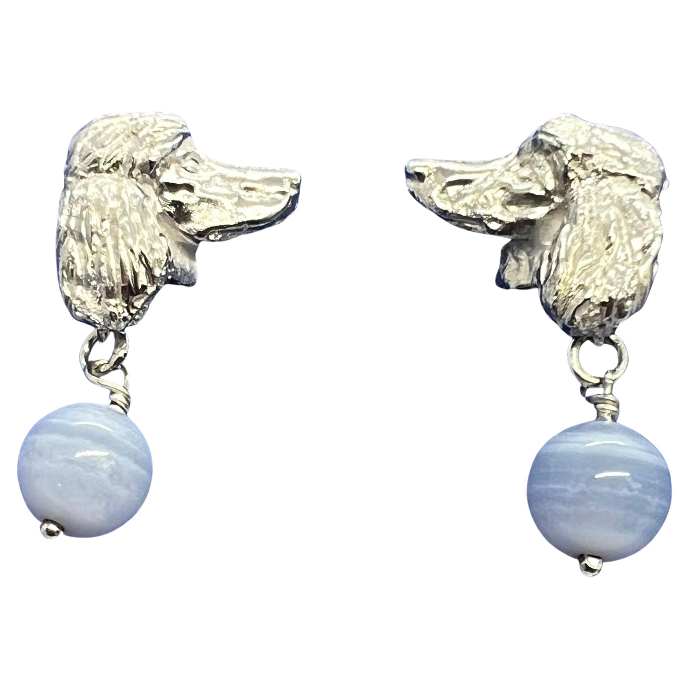 Paul Eaton Sculpted Poodle Heads with Blue Lace Agate Drop Silver Stud Earrings