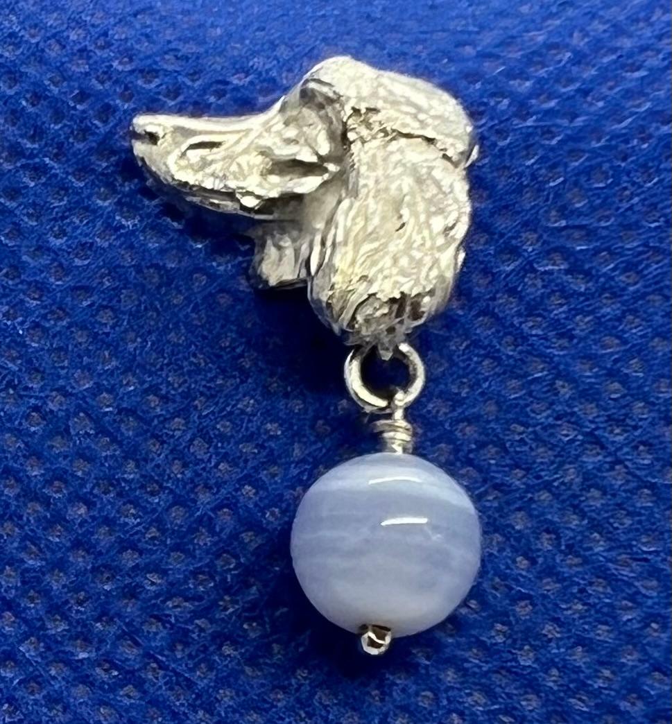 Contemporary Paul Eaton Sculpted Poodle Heads/Blue Lace Agate Drops Silver Clipon Earrings For Sale