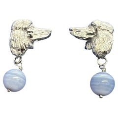 Paul Eaton Sculpted Poodle Heads/Blue Lace Agate Drops Silver Clipon Earrings