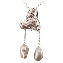 Paul Eaton Sculpted Retriever Dog Head Pendant with Two Freshwater Pearl Drops