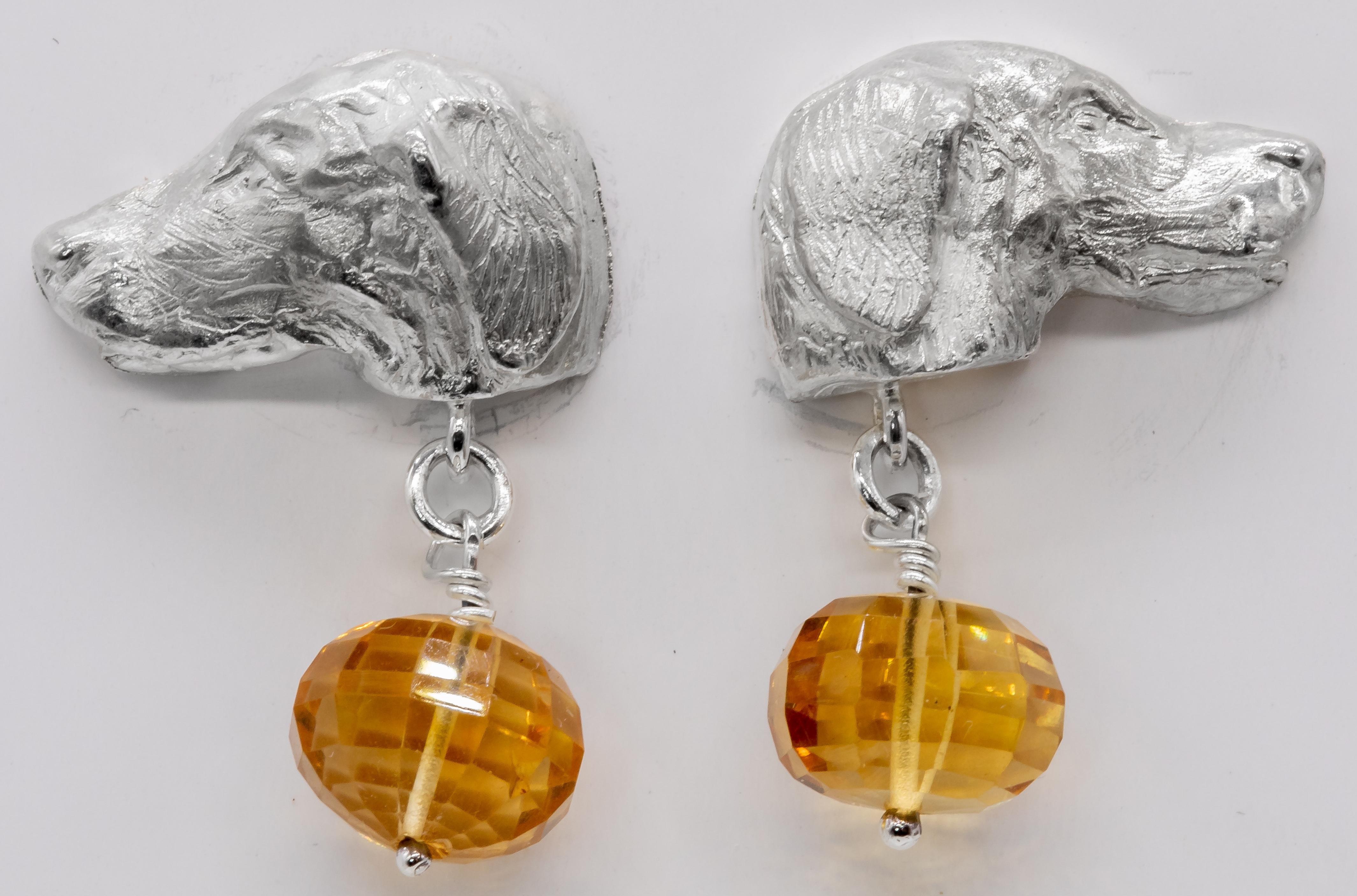    From Great Britain Paul Eaton VPRMS MAA sculpted sterling silver Retriever dog head stud earrings with Citrine beads drop (1/2