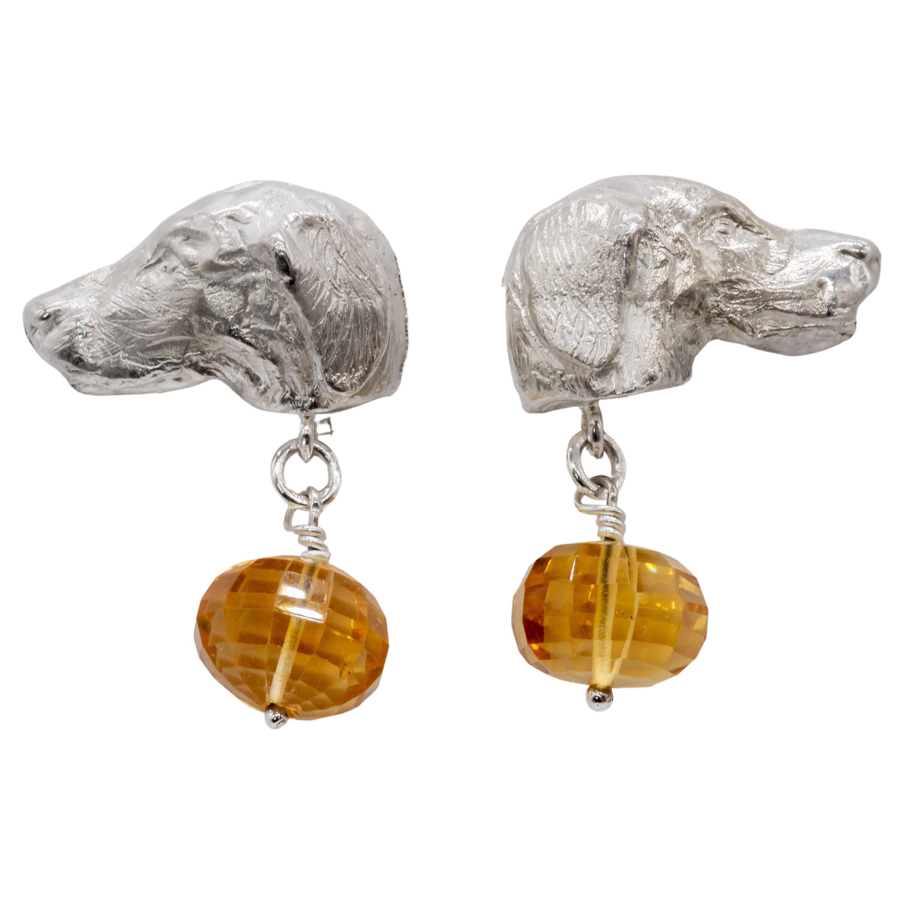 Paul Eaton Sculpted Retriever Dog Heads with Citrine Drop Silver Stud Earrings For Sale