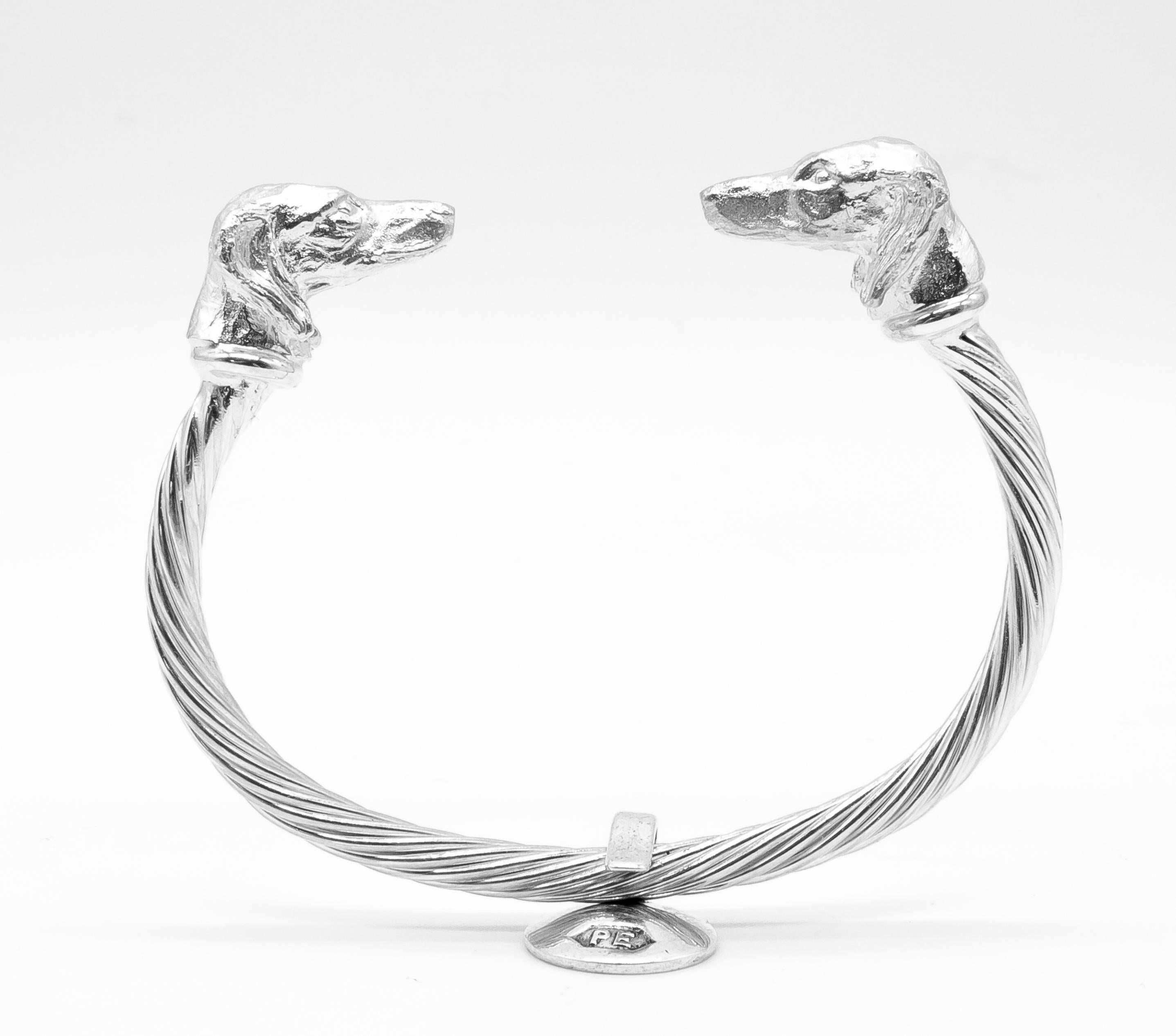 Artist Paul Eaton Sculpted Saluki Dog Heads on Twisted Bangle in Sterling For Sale