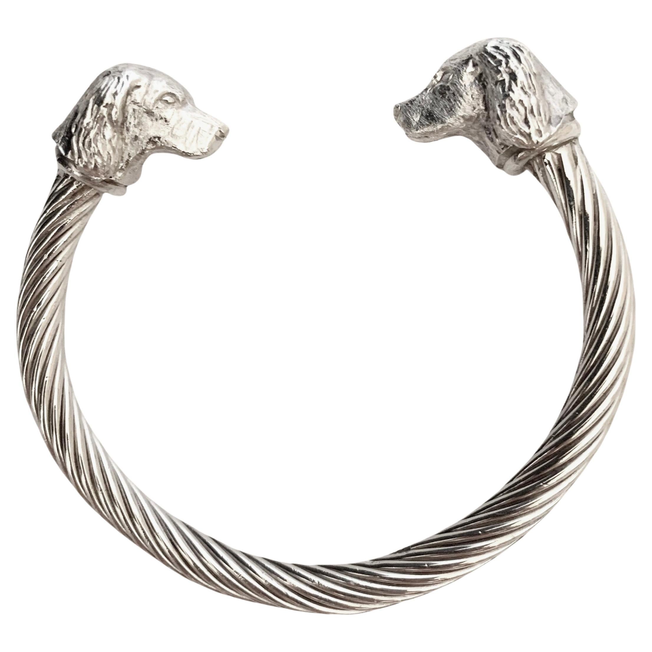 Paul Eaton Sculpted Spaniel Heads on Sterling Silver Twisted Bangle Bracelet For Sale