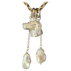 Paul Eaton Sculpted Sterling Spaniel Head with Two Gold Pearl Drops and Ring