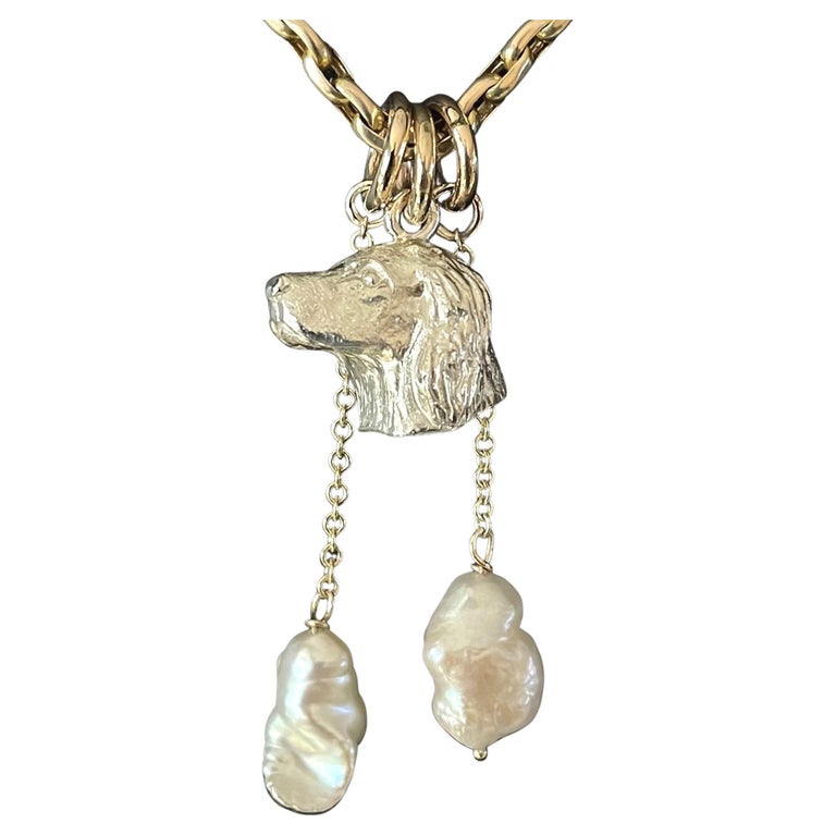 Paul Eaton Sculpted Sterling Spaniel Head with Two Gold Pearl Drops and