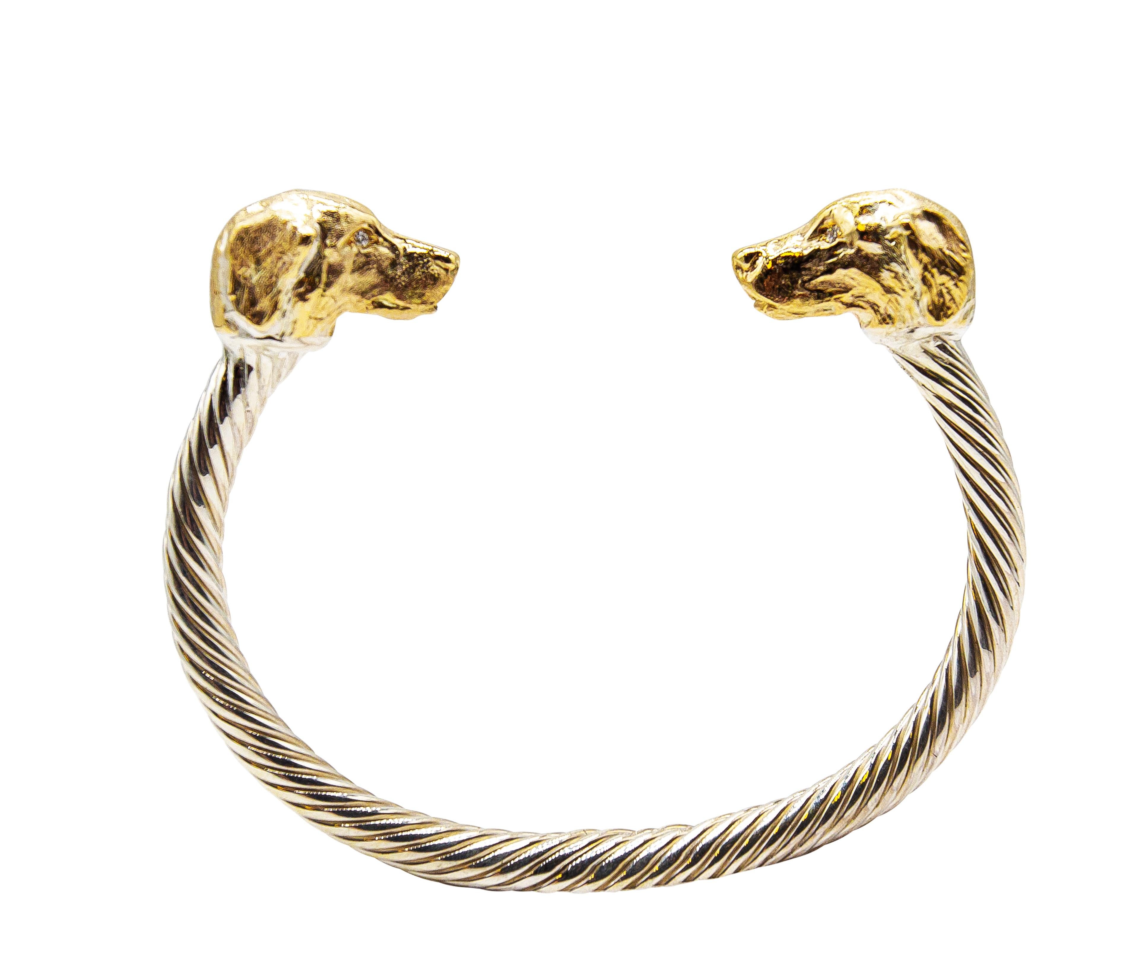 Women's Paul Eaton Sculpted Tibetan Terrier Dog Heads on Twisted Bangle in Sterling For Sale